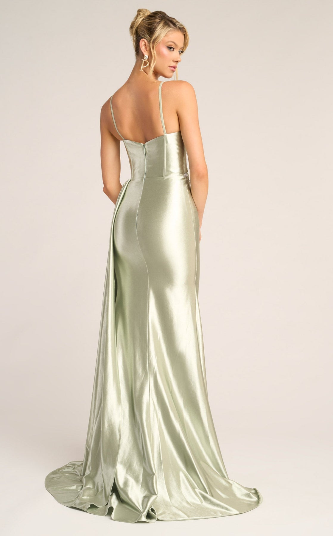 Sage Sweetheart Floor-Length Satin Prom Gown with Corset Bodice and High Slit Portia and Scarlett PS26270