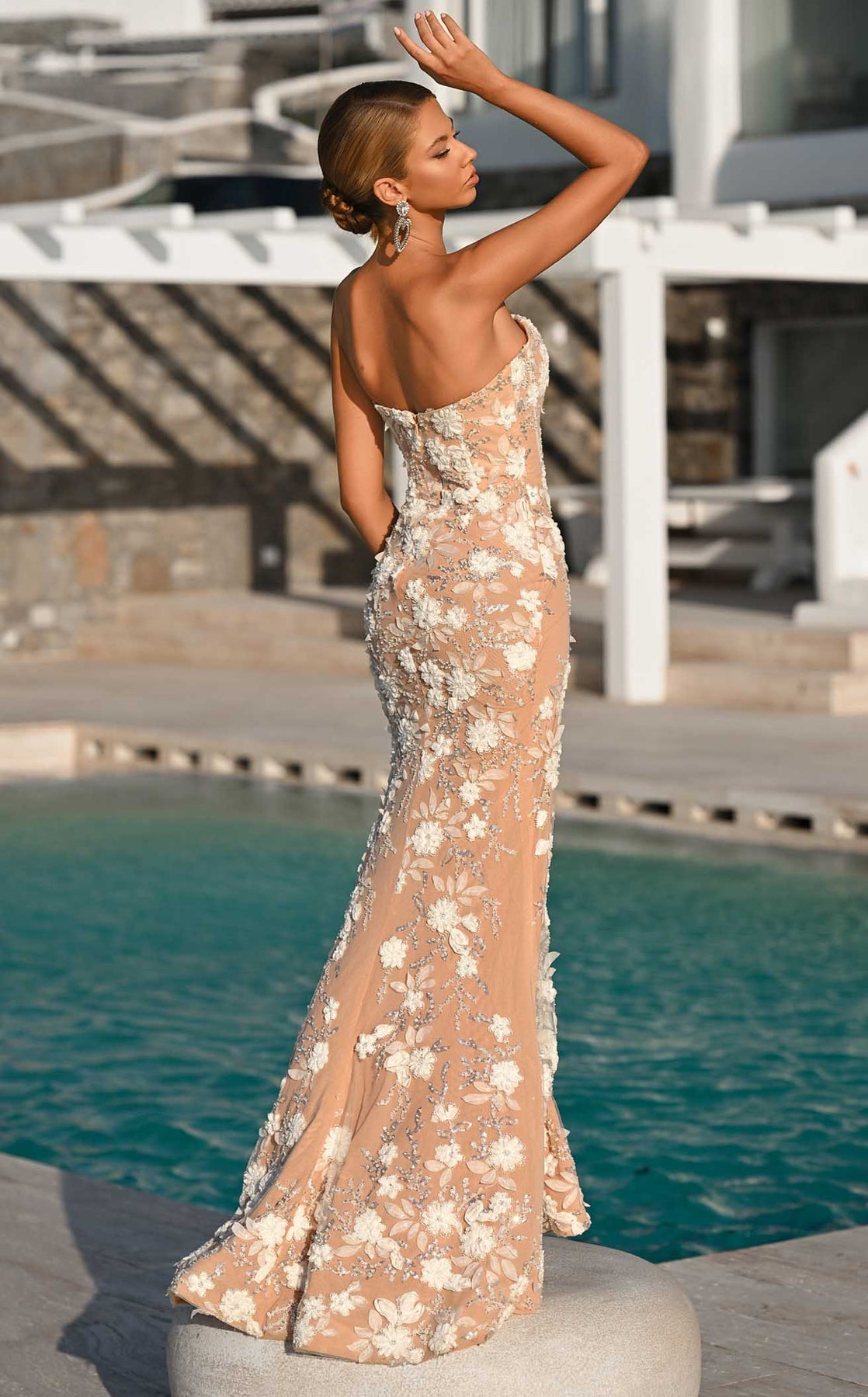 Prom Dresses Long Formal Fitted Floral Slit Prom Dress Portia and Scarlett PS26302E Ivory/Nude
