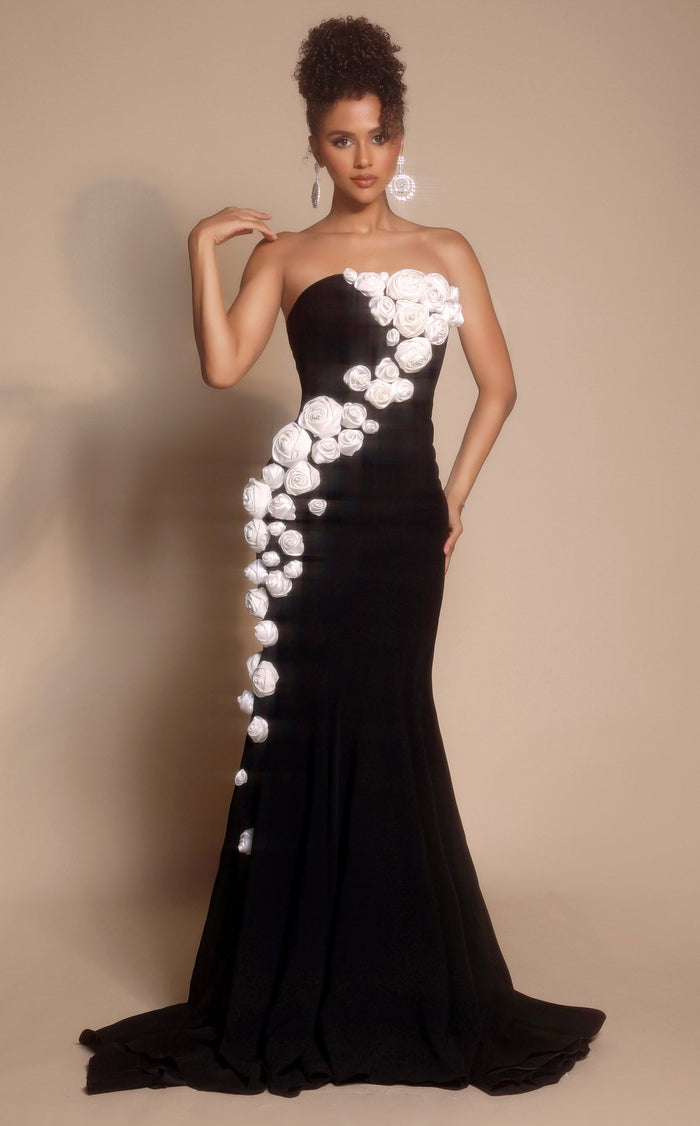 Prom Dresses 3D Floral Applique Formal Long Fitted Prom Dress Black