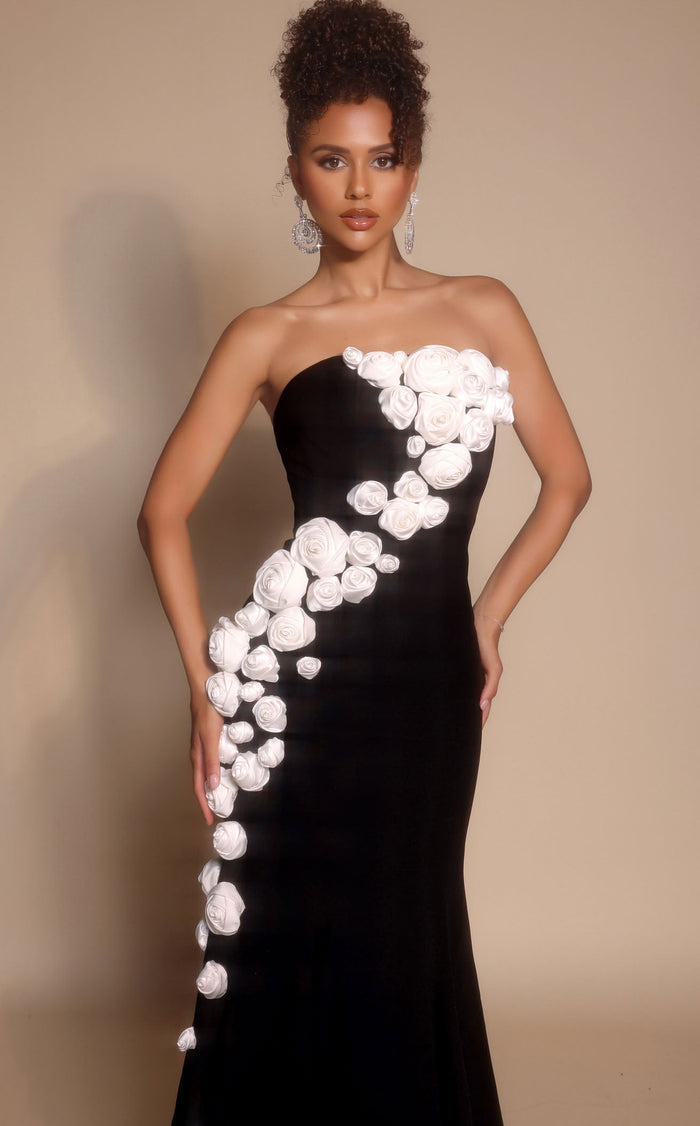 Prom Dresses 3D Floral Applique Formal Long Fitted Prom Dress Black