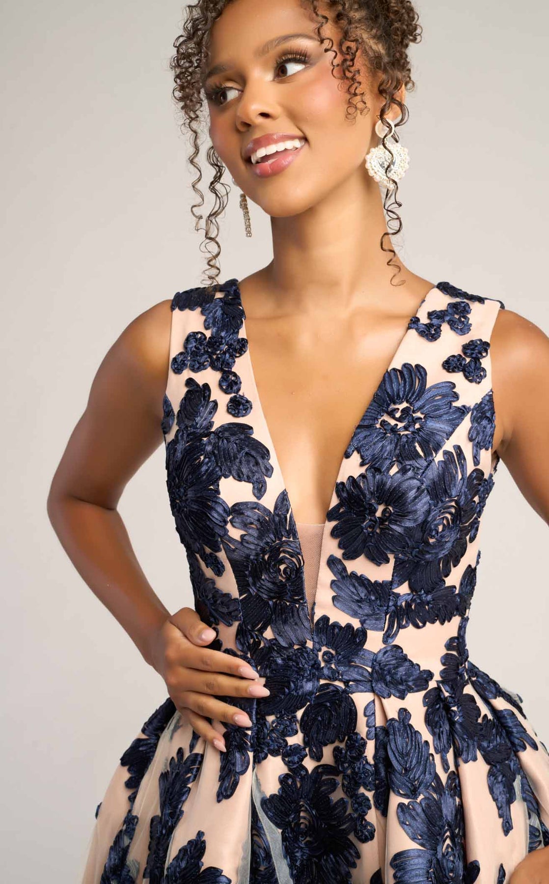 V-Neck Long Floral Prom Gown by Portia and Scarlett PS26312E in Navy Nude