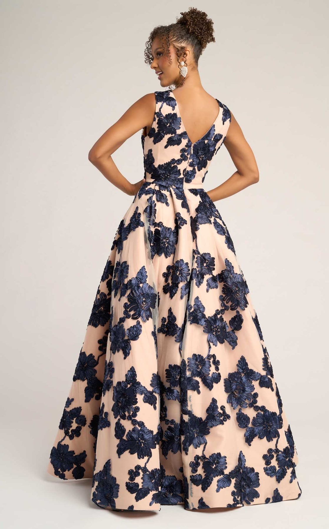 V-Neck Long Floral Prom Gown by Portia and Scarlett PS26312E in Navy Nude