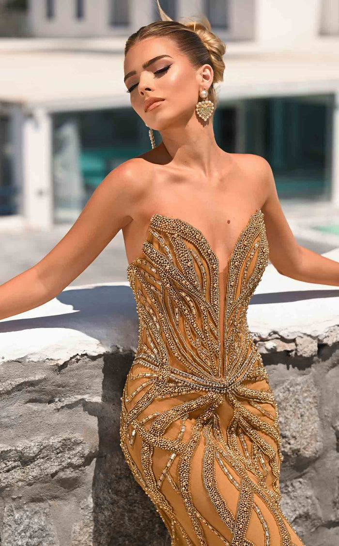 Prom Dresses Sequin Beaded Mermaid Long Formal Prom Dress Gold