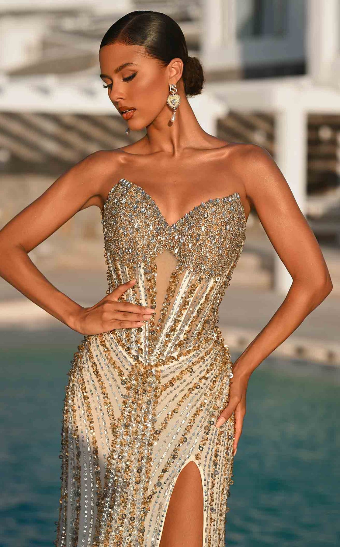 Strapless Long Sequin Prom Dress by Portia and Scarlett PS26403C in Ivory/Silver/Gold