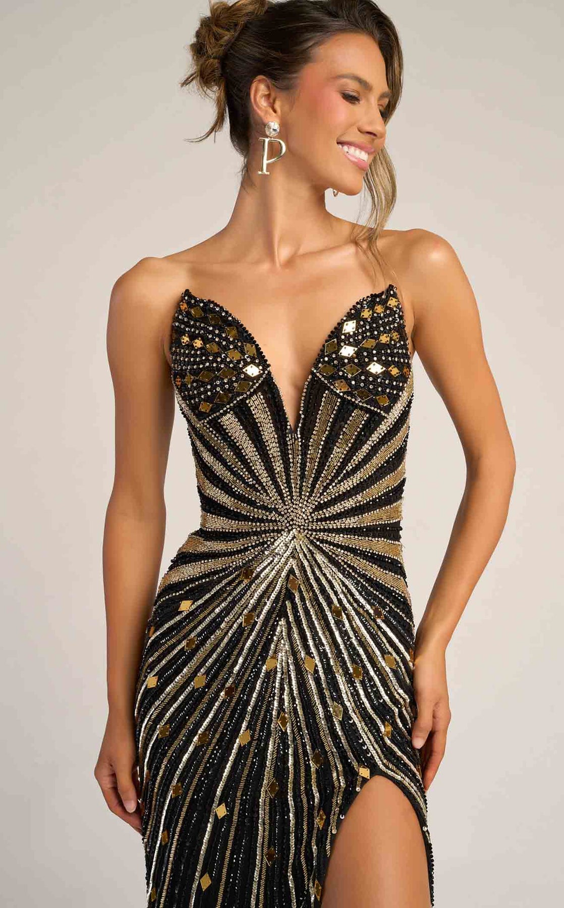 Strapless Long Beaded Prom Dress by Portia and Scarlett PS26409C in Black/Gold