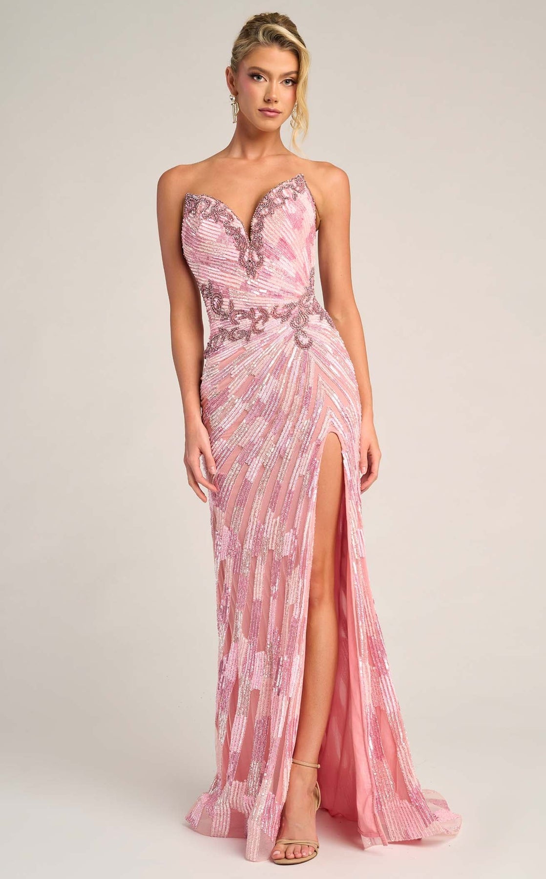 Prom Dresses Long Formal Beaded Sequin Corset Metallic Prom Dress Portia and Scarlett PS26413C Pink