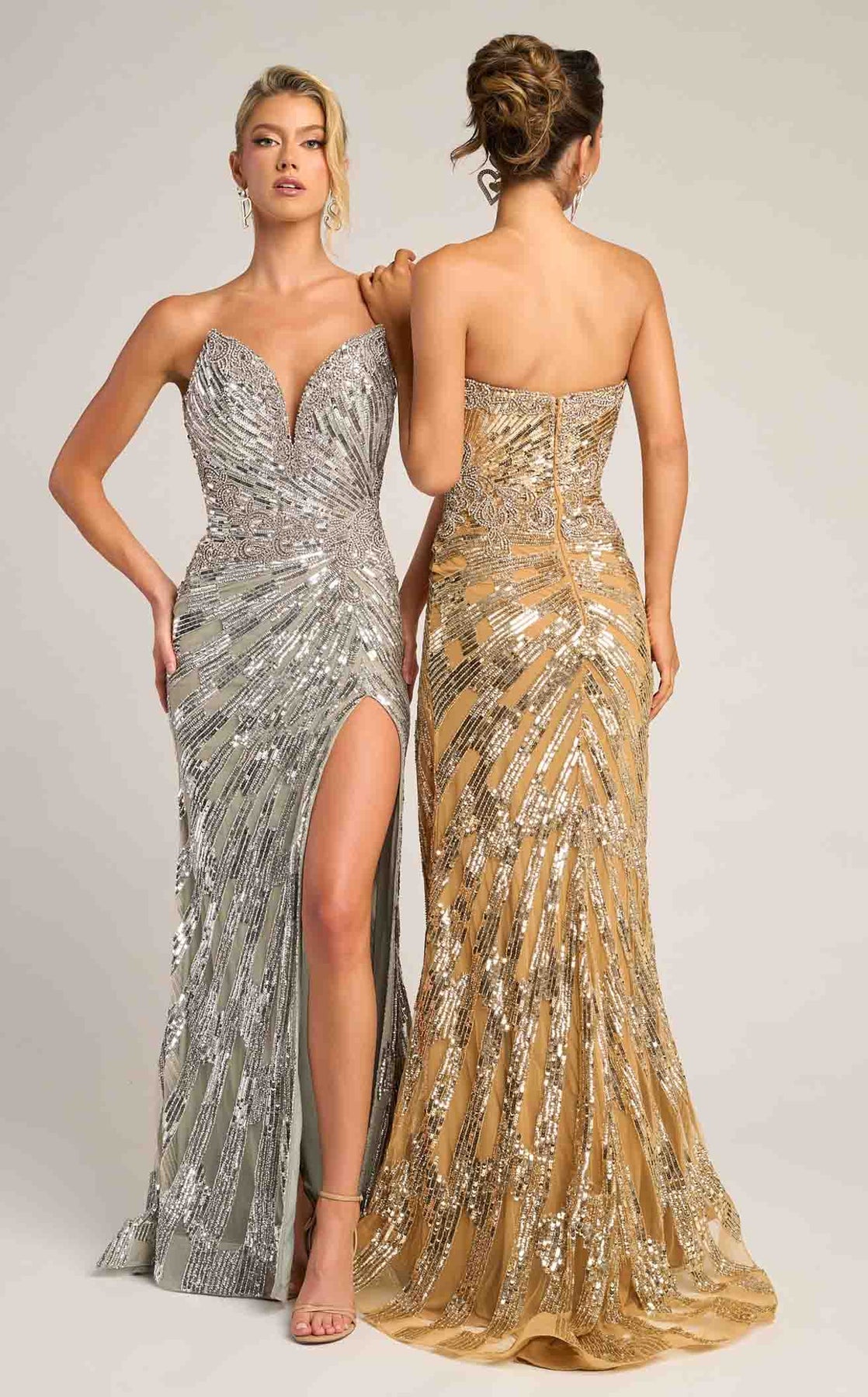 Prom Dresses Long Formal Beaded Sequin Corset Metallic Prom Dress Portia and Scarlett PS26413C Silver