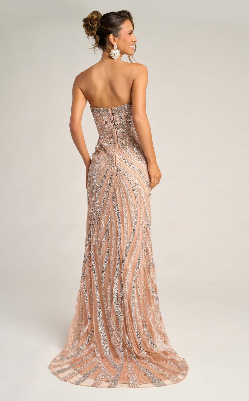Prom Dresses Fitted Corset Beaded Formal Long Prom Dress Rose Gold Silver