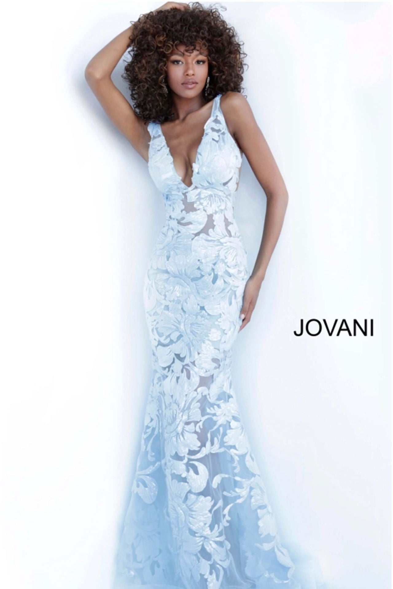 Prom Dresses Long Formal Floral Applique Prom Sequin Dress Light-Blue