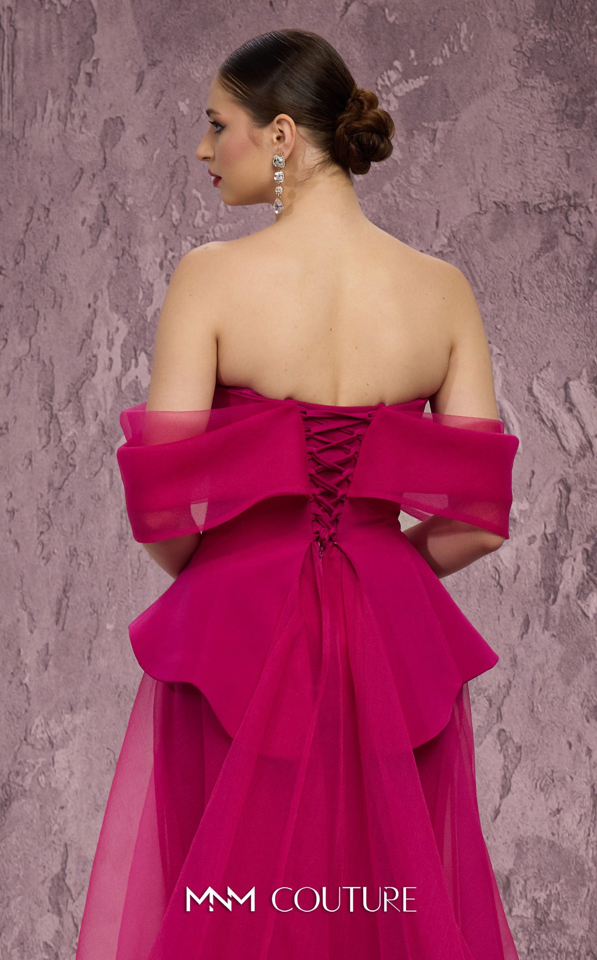 Off-Shoulder Sweetheart Ball Gown by MNM Couture Q1010 in Fuchsia