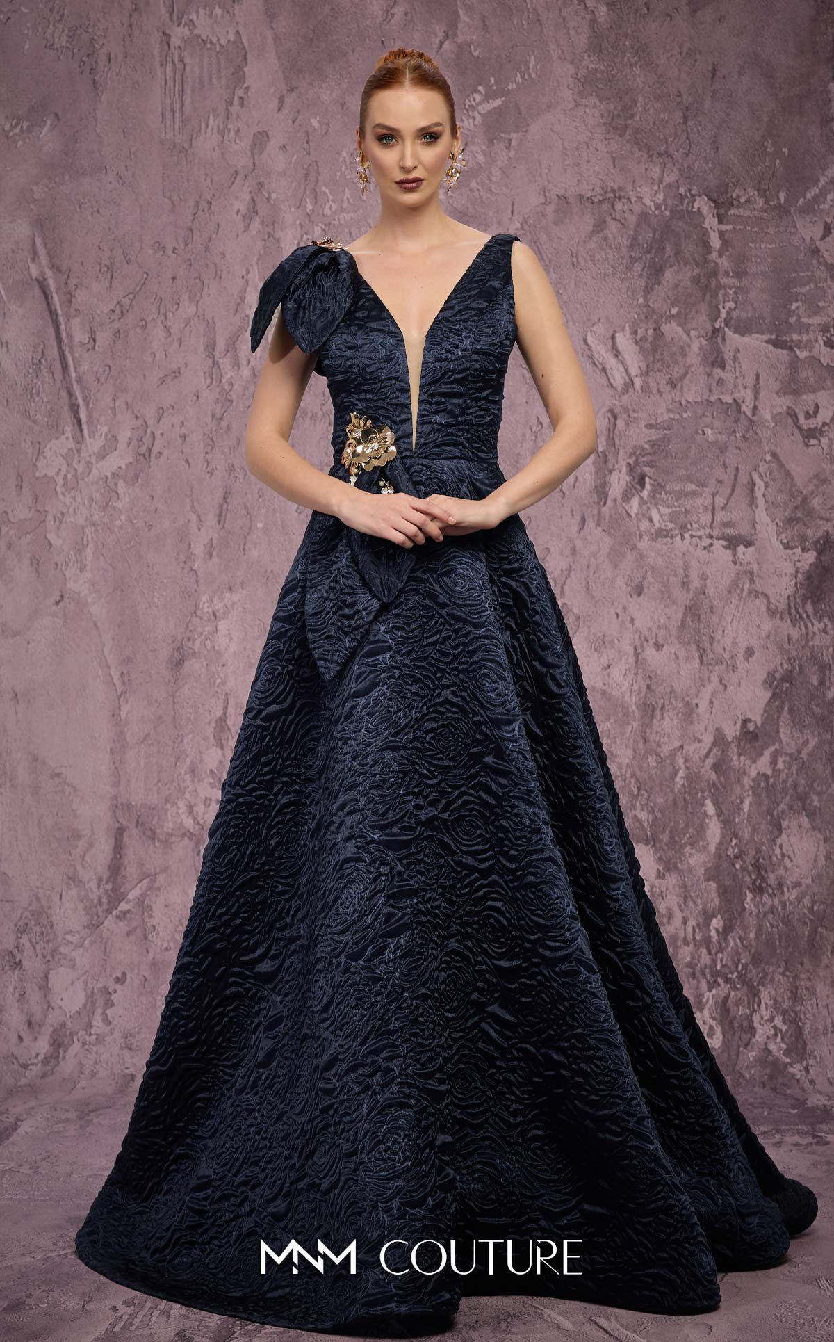 Plunging Neck Full Length Jacquard Evening Gown by MNM Couture Q1150 in Navy Blue