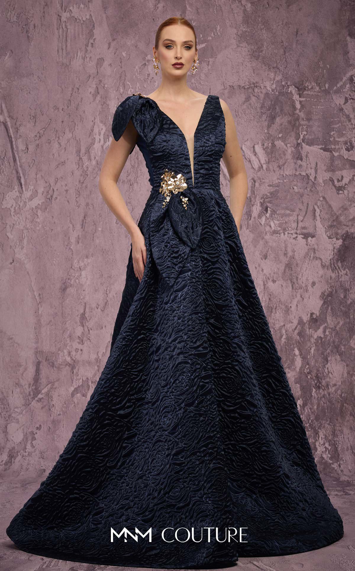 Plunging Neck Full Length Jacquard Evening Gown by MNM Couture Q1150 in Navy Blue