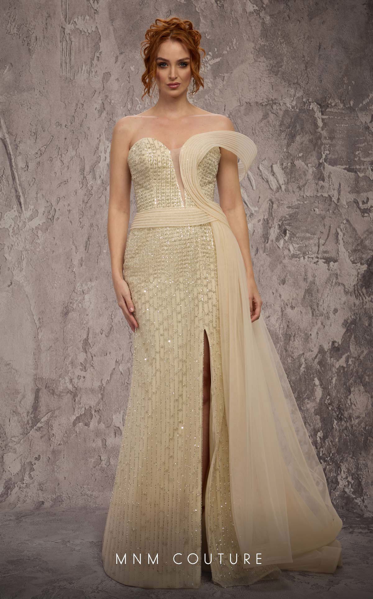 Strapless Beaded Sequin Evening Gown by MNM Couture Q1405 in Beige