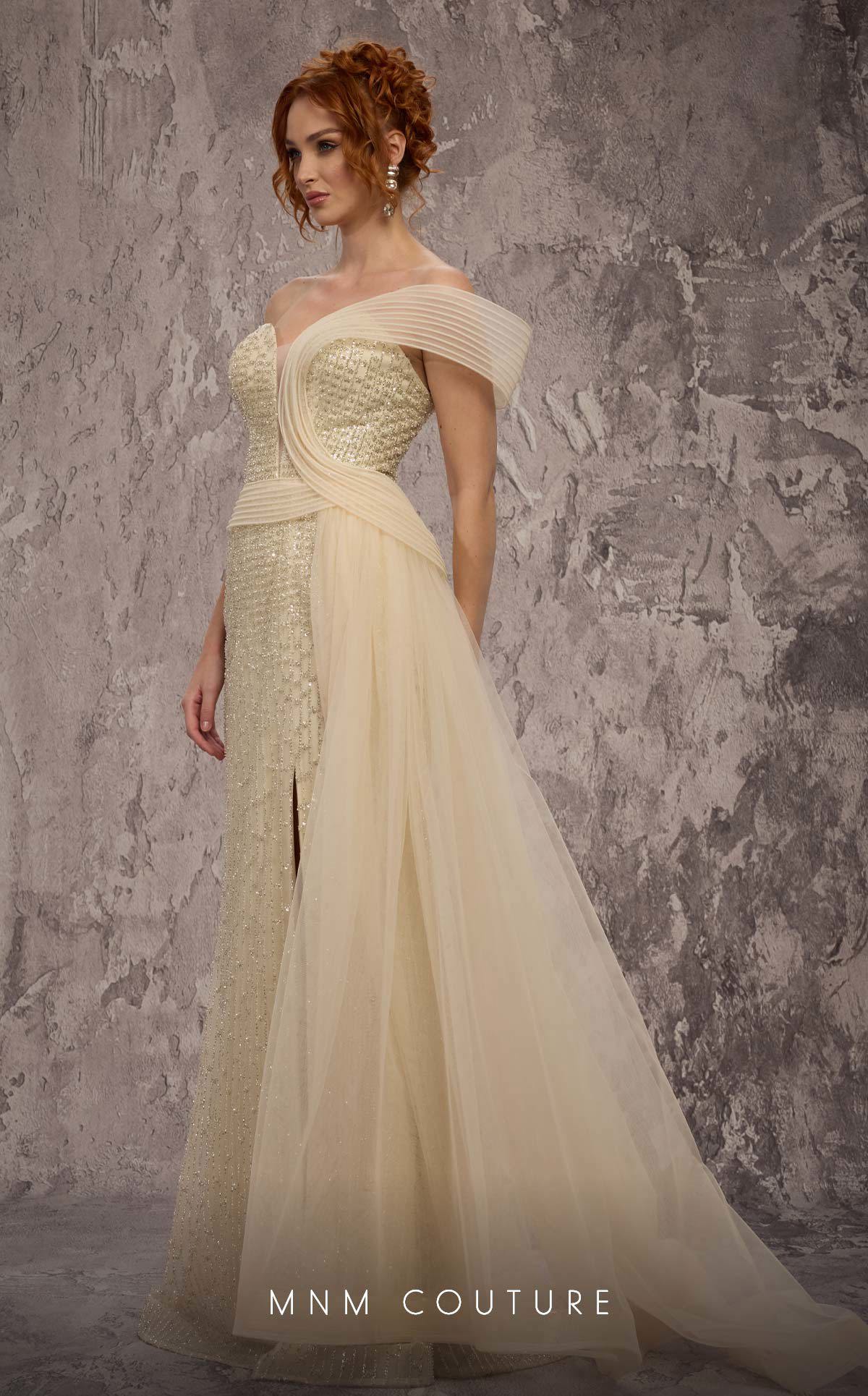 Strapless Beaded Sequin Evening Gown by MNM Couture Q1405 in Beige
