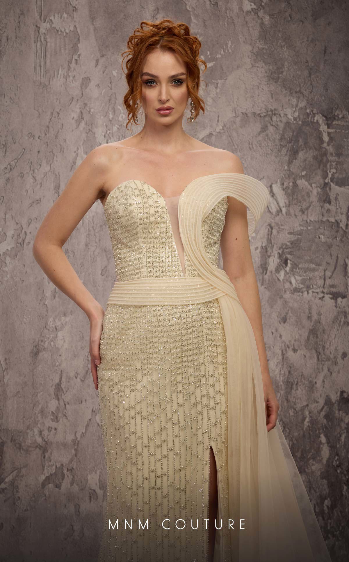 Strapless Beaded Sequin Evening Gown by MNM Couture Q1405 in Beige