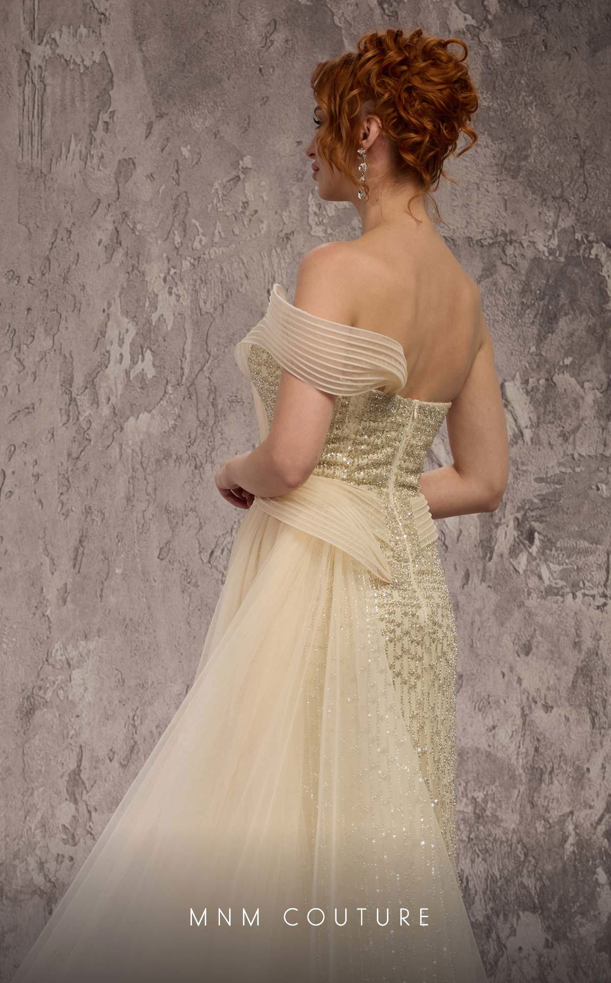 Strapless Beaded Sequin Evening Gown by MNM Couture Q1405 in Beige