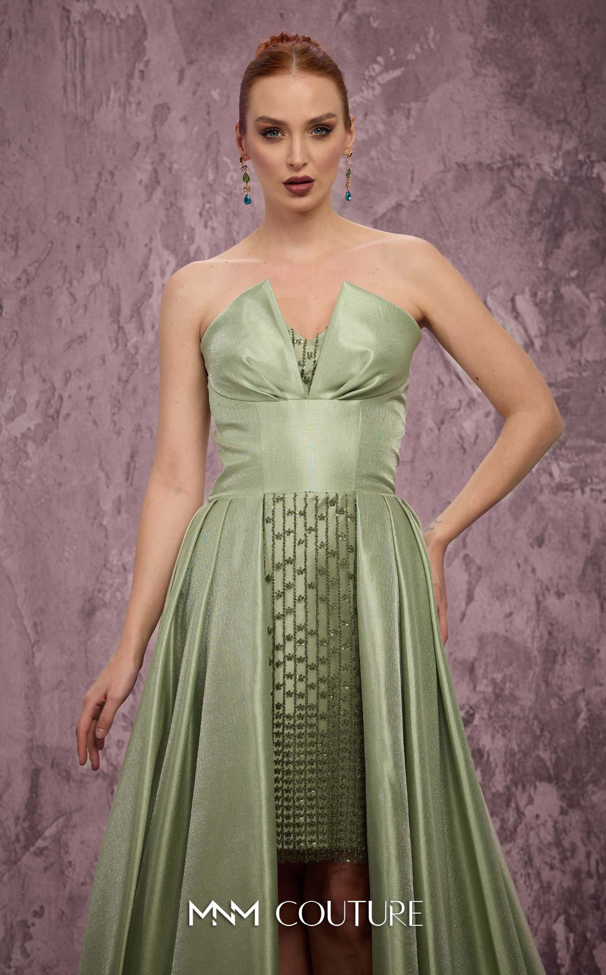 Strapless High Low Satin Prom Dress by MNM Couture Q2024 in Green