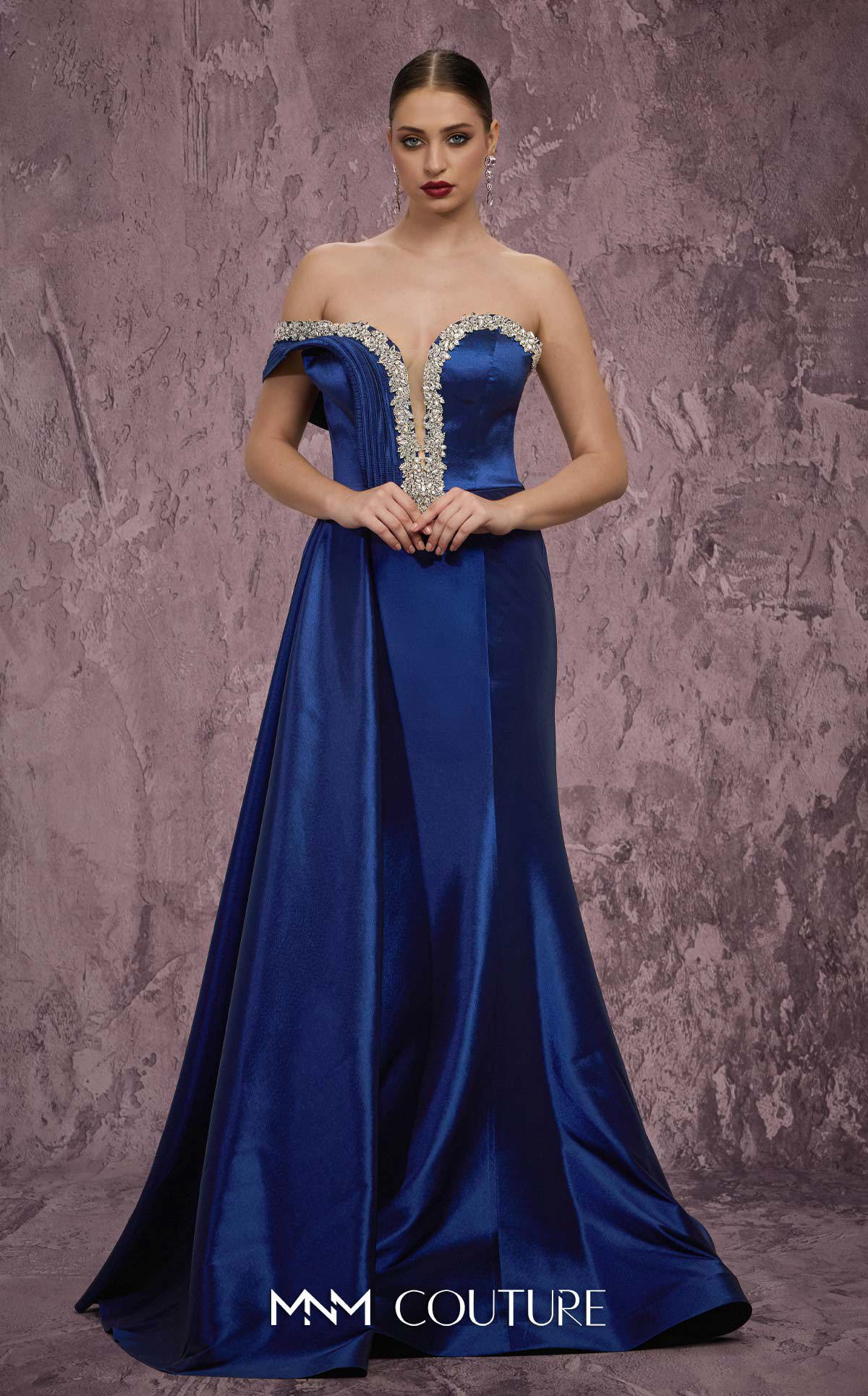 Strapless Long Satin Evening Gown by MNM Couture Q2414 in Navy Blue