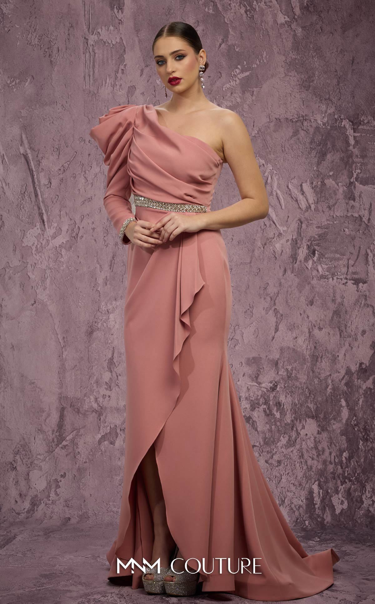 One Shoulder Long Satin Evening Gown by MNM Couture Q2851 in Light Pink