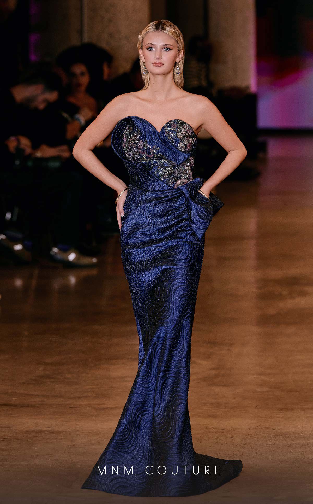 Strapless Long Textured Evening Gown by MNM Couture Q2908 in Navy Blue