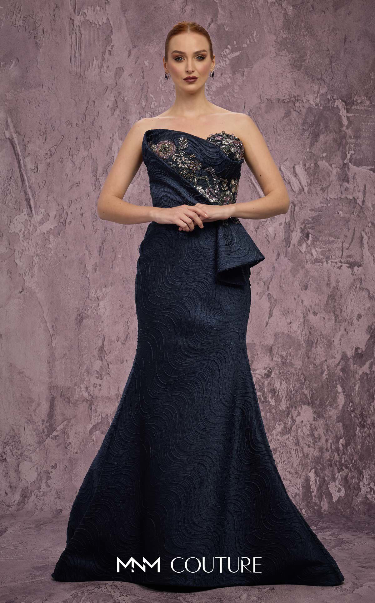 Strapless Long Textured Evening Gown by MNM Couture Q2908 in Navy Blue