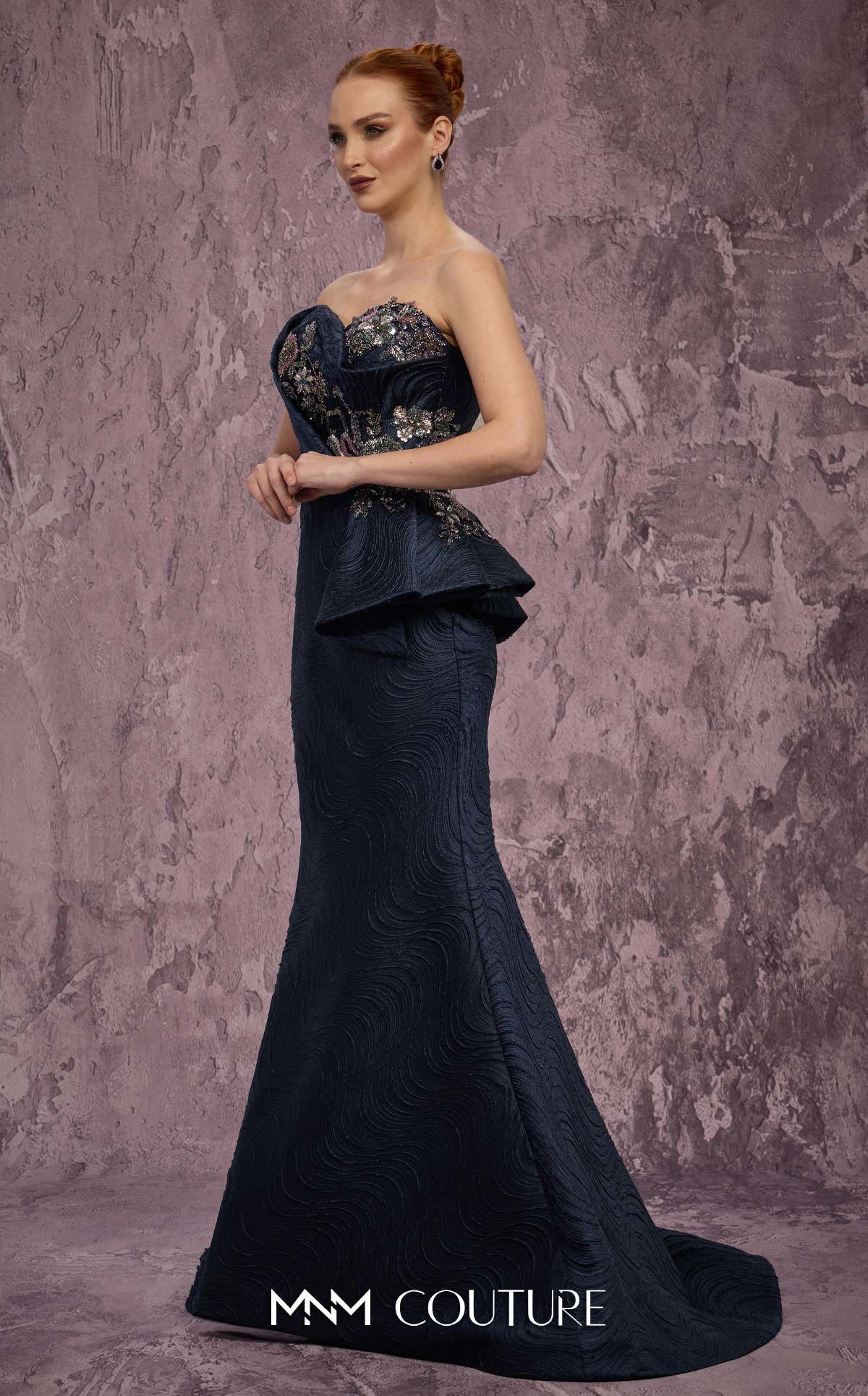 Strapless Long Textured Evening Gown by MNM Couture Q2908 in Navy Blue