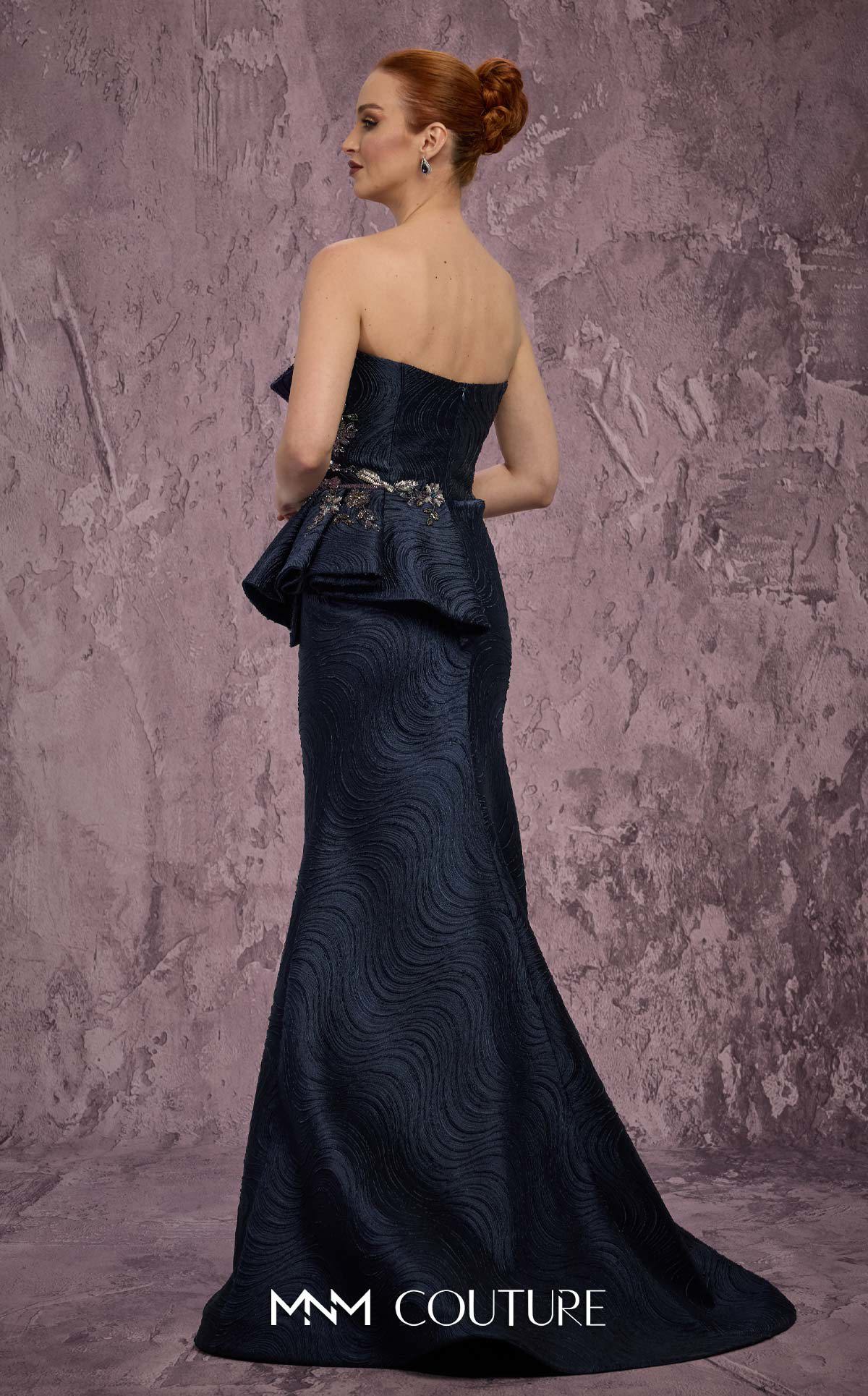 Strapless Long Textured Evening Gown by MNM Couture Q2908 in Navy Blue