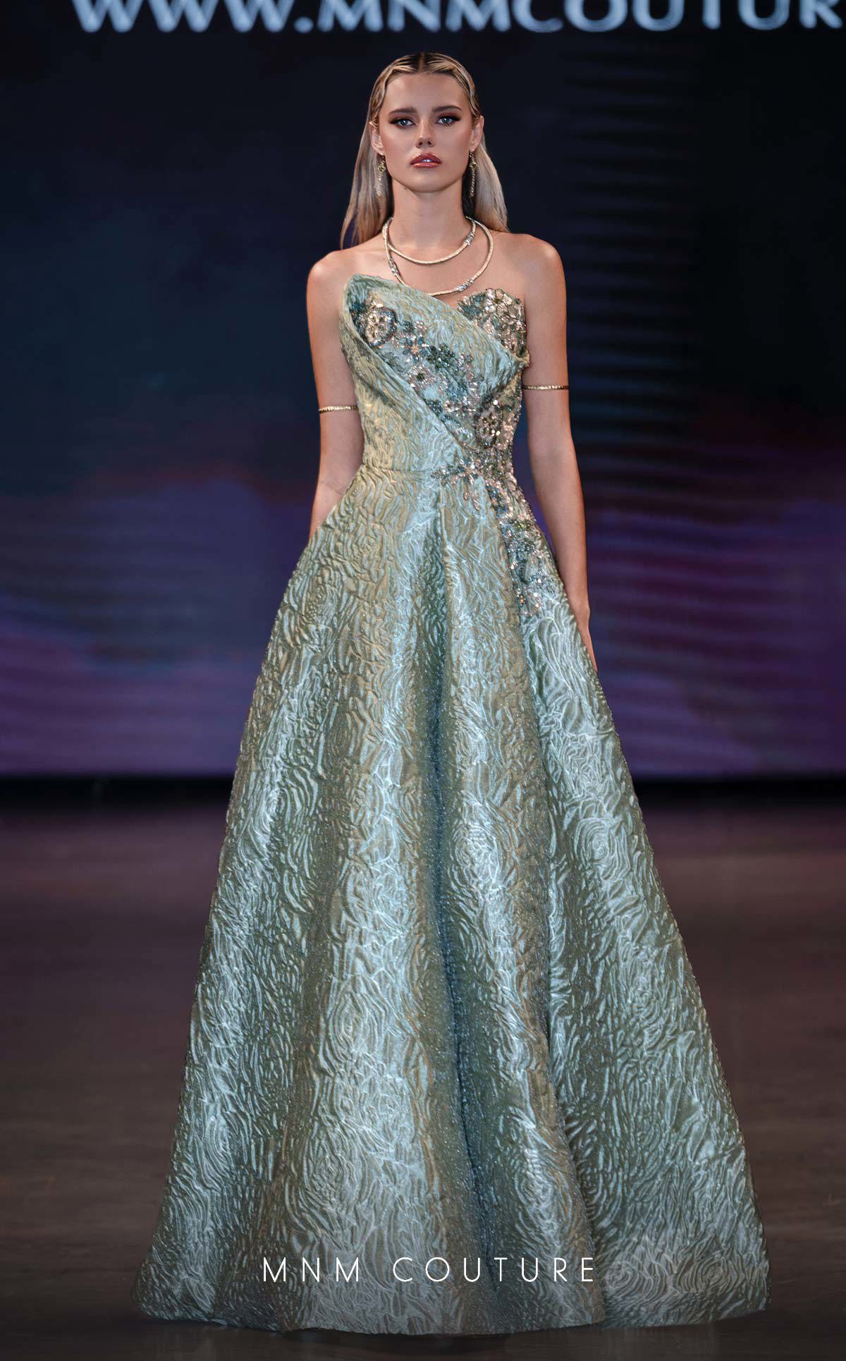 Strapless Long Brocade Prom Dress by MNM Couture Q3355 in Mint