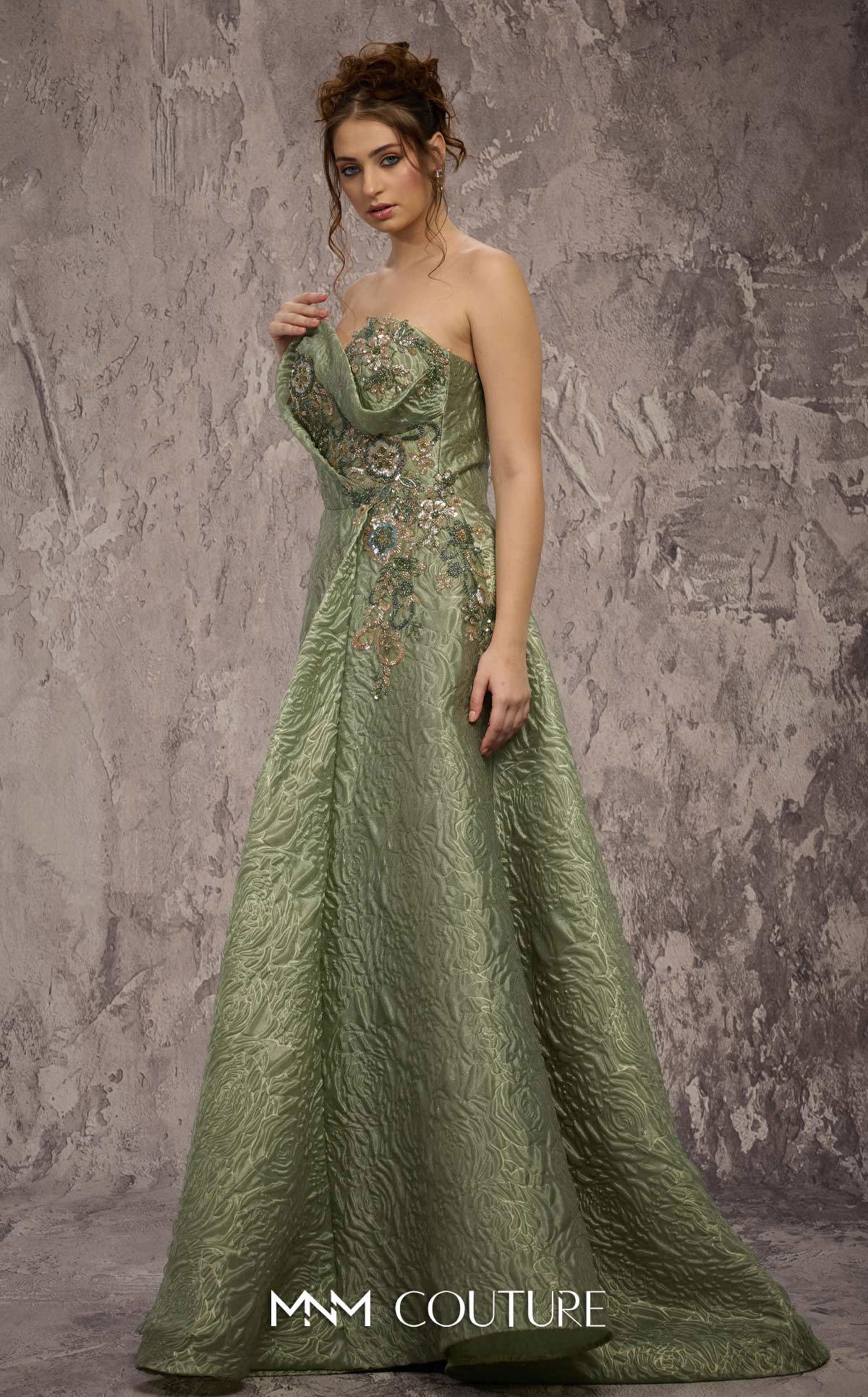 Strapless Long Brocade Prom Dress by MNM Couture Q3355 in Mint