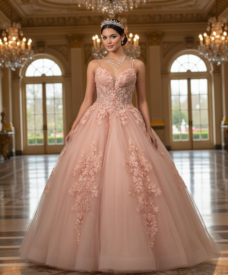 Quinceniera Dresses Ball Gown Long 3D Floral Applique Quinceanera Dress Jovani Q43431 Blush
