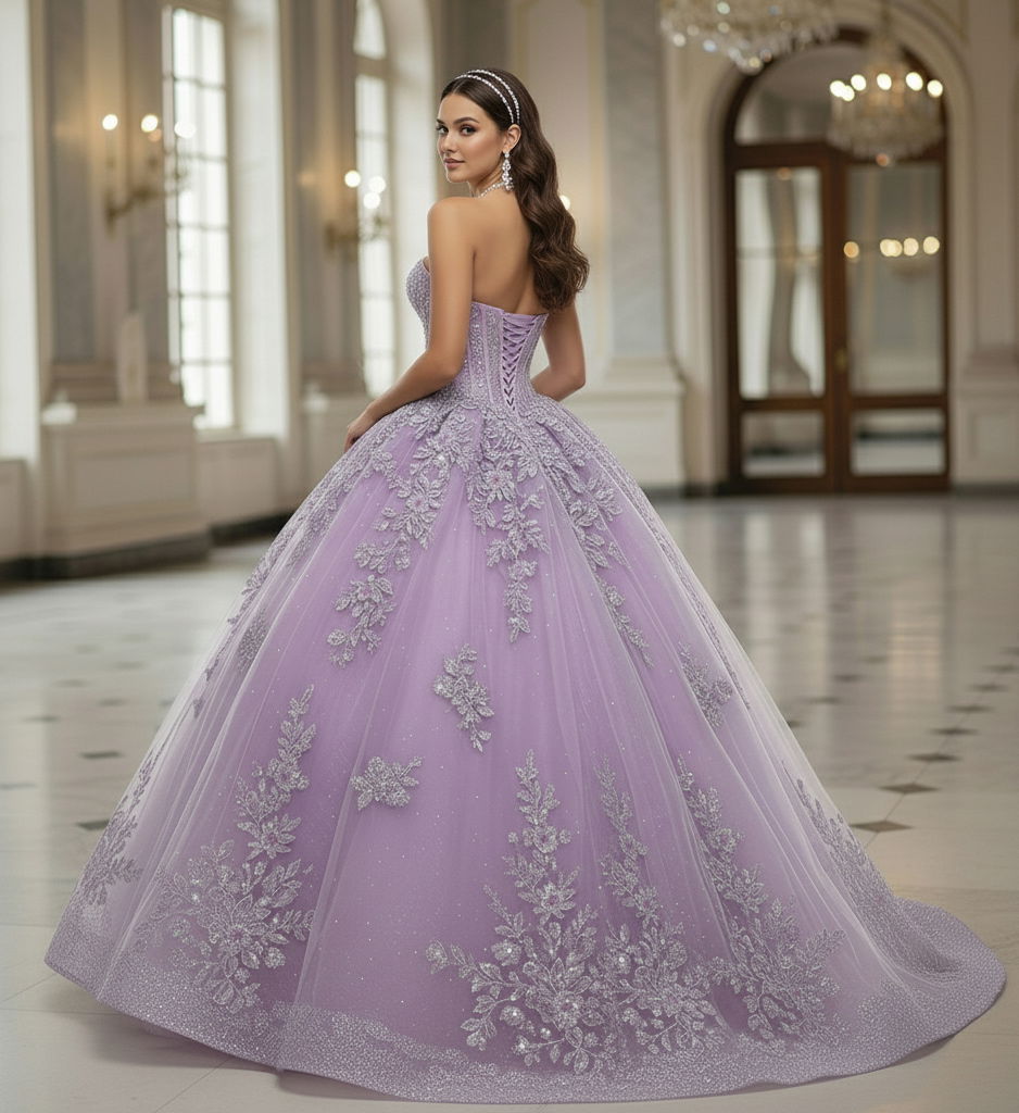 Quinceniera Dresses 3D Floral Lace Applique Long Glitter Quinceanera Dress Jovani Q43432 Lilac