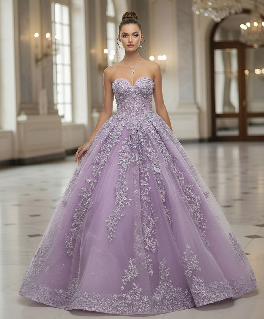 Quinceniera Dresses 3D Floral Lace Applique Long Glitter Quinceanera Dress Jovani Q43432 Lilac