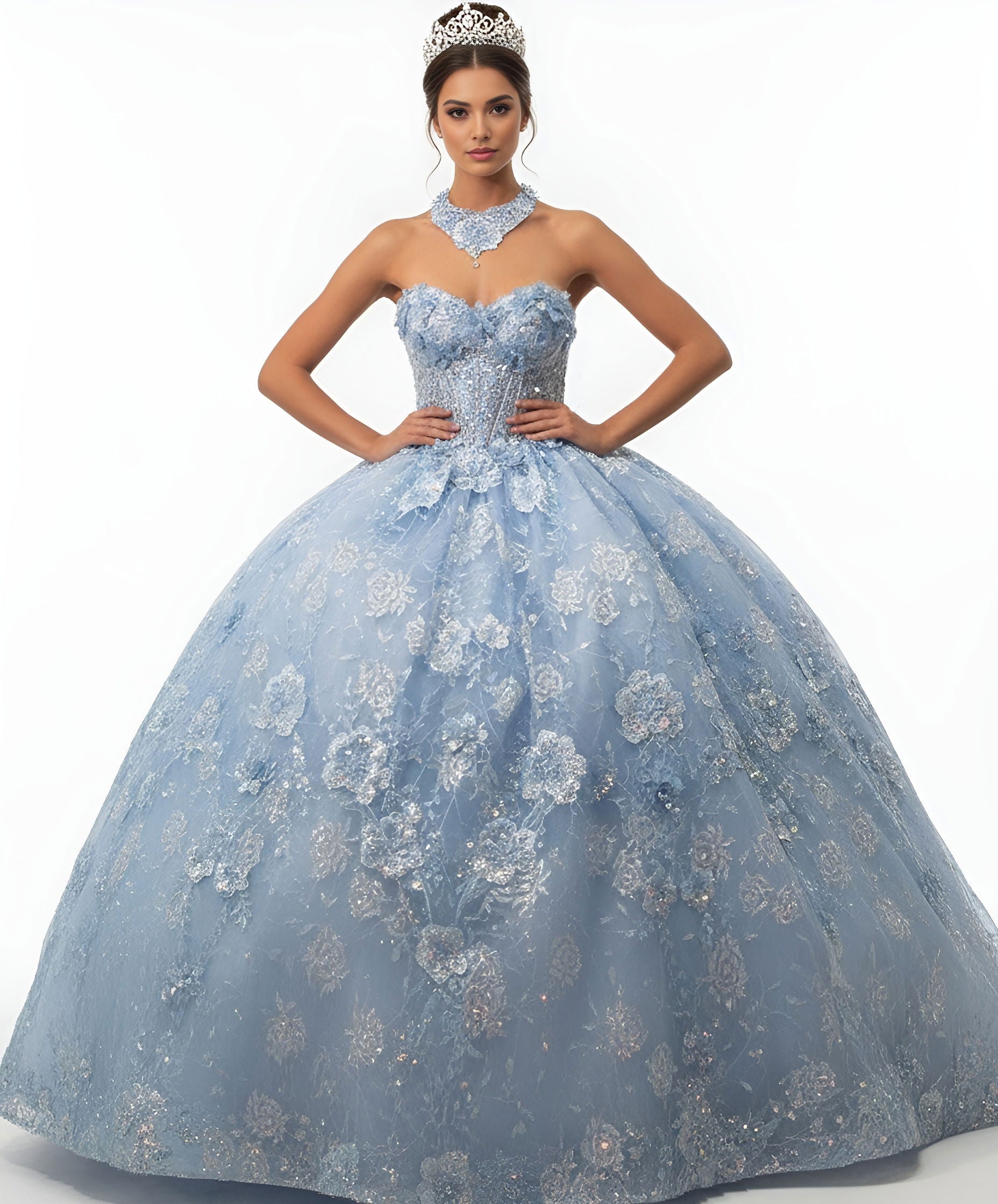 Quinceniera Dresses Lace Applique Ball Gown Long Corset Floral Sequin Quinceanera Dress Jovani Q43813 Blue
