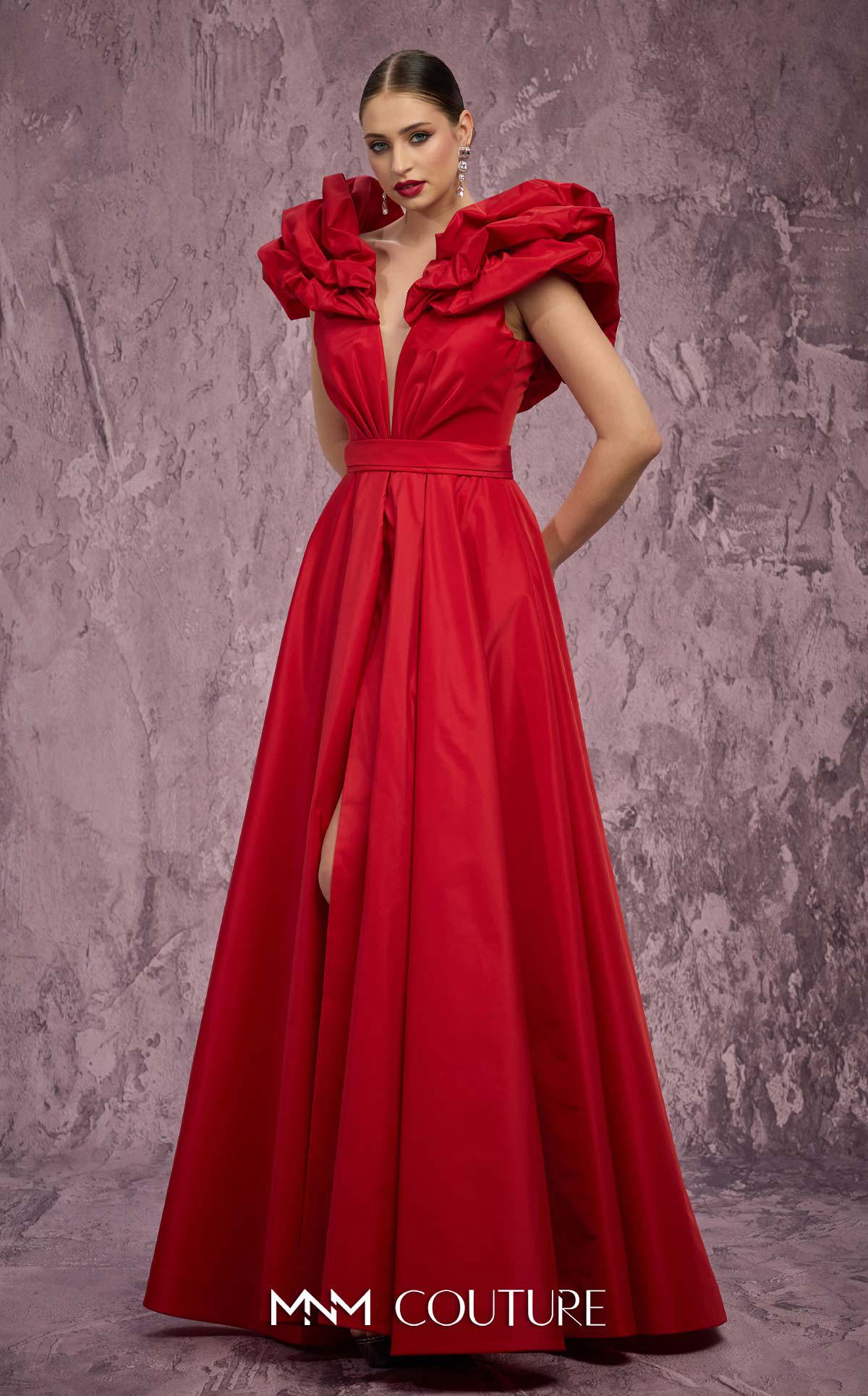 Deep V-Neck Long Satin Evening Gown by MNM Couture Q4363 in Red
