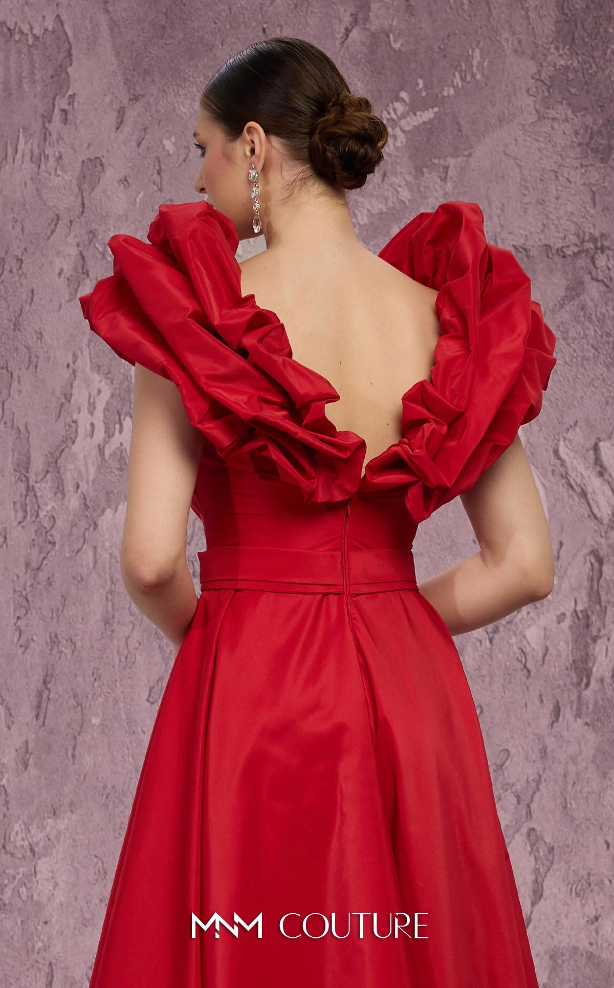 Deep V-Neck Long Satin Evening Gown by MNM Couture Q4363 in Red