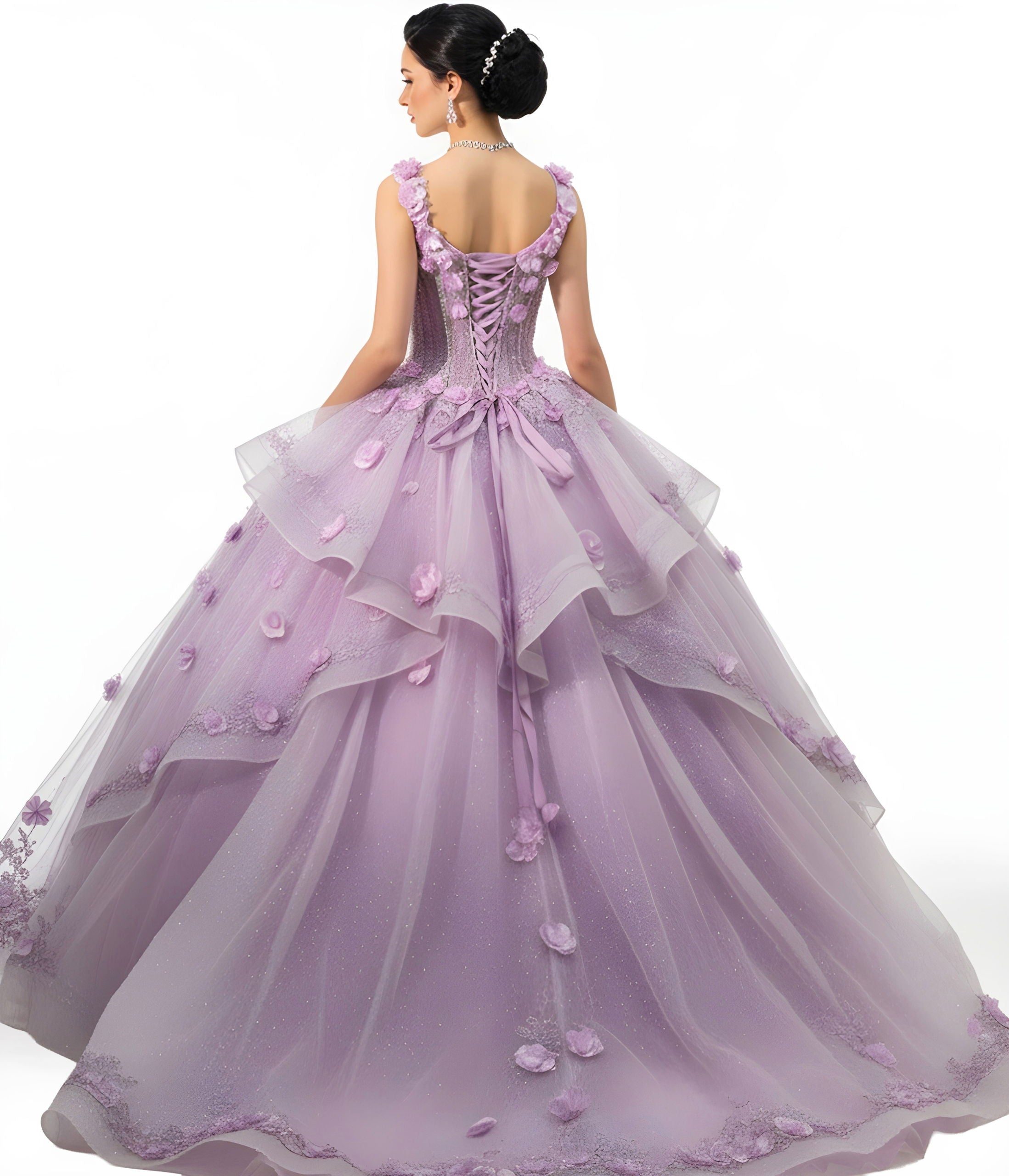 Quinceniera Dresses 3D Floral Applique Beaded Ball Gown Long Ruffle Quinceanera Dress Jovani Q43810 Lavender