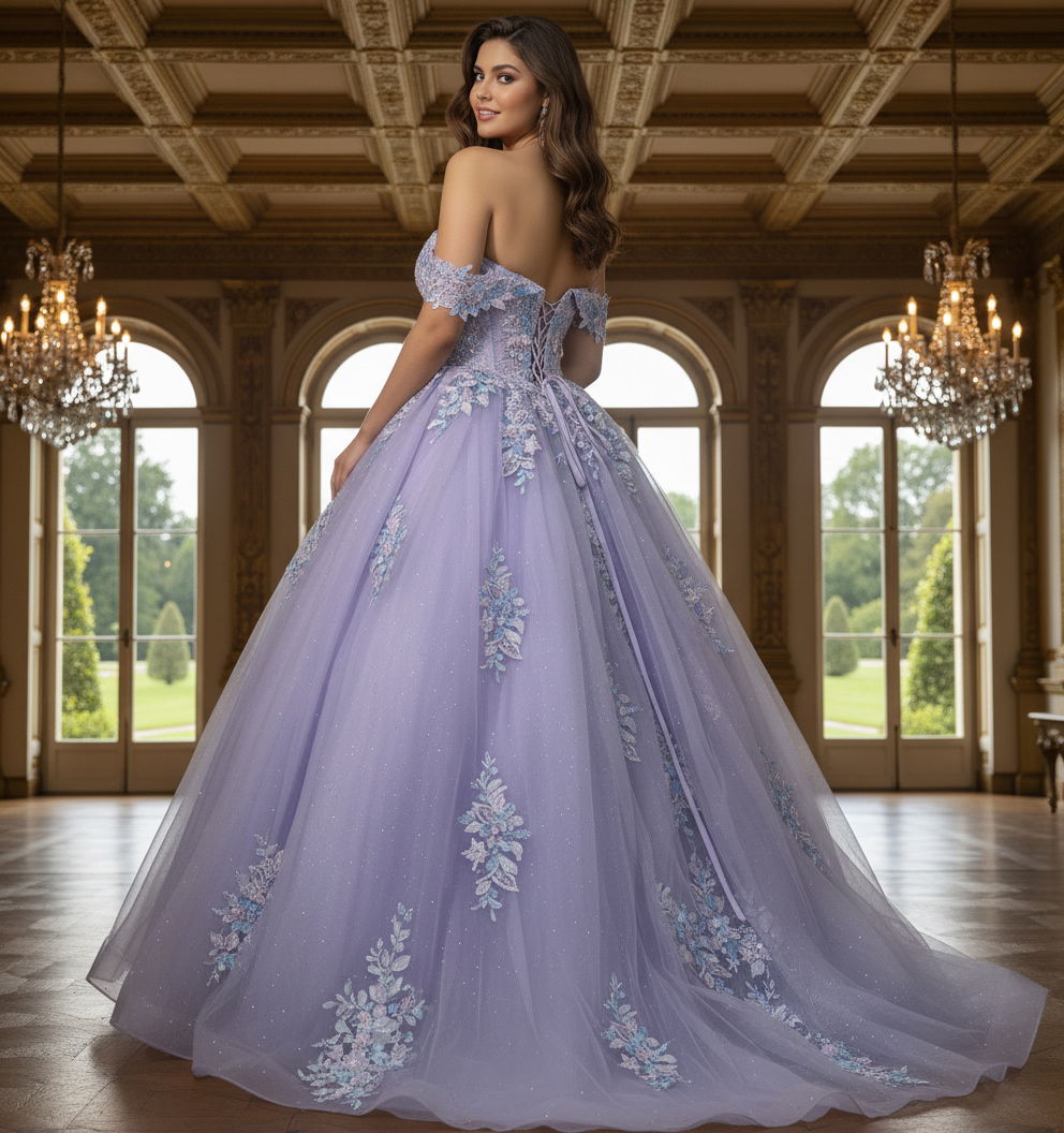 Quinceniera Dresses Corset Floral Applique Long Beaded Quinceanera Dress Jovani Q44960 Lilac