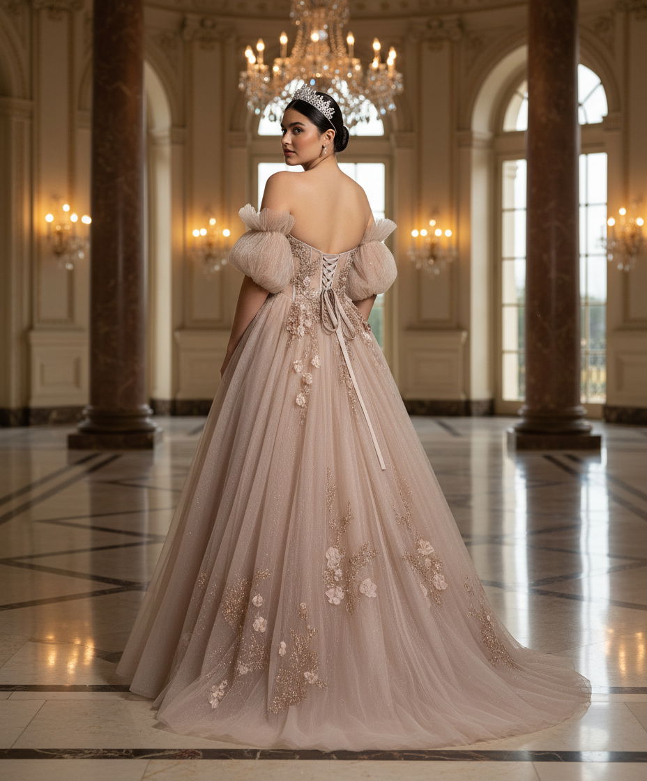 Quinceniera Dresses Beaded Long Corset 3D Floral Applique Ball Gown Quinceanera Dress Jovani Q46662 Mocha