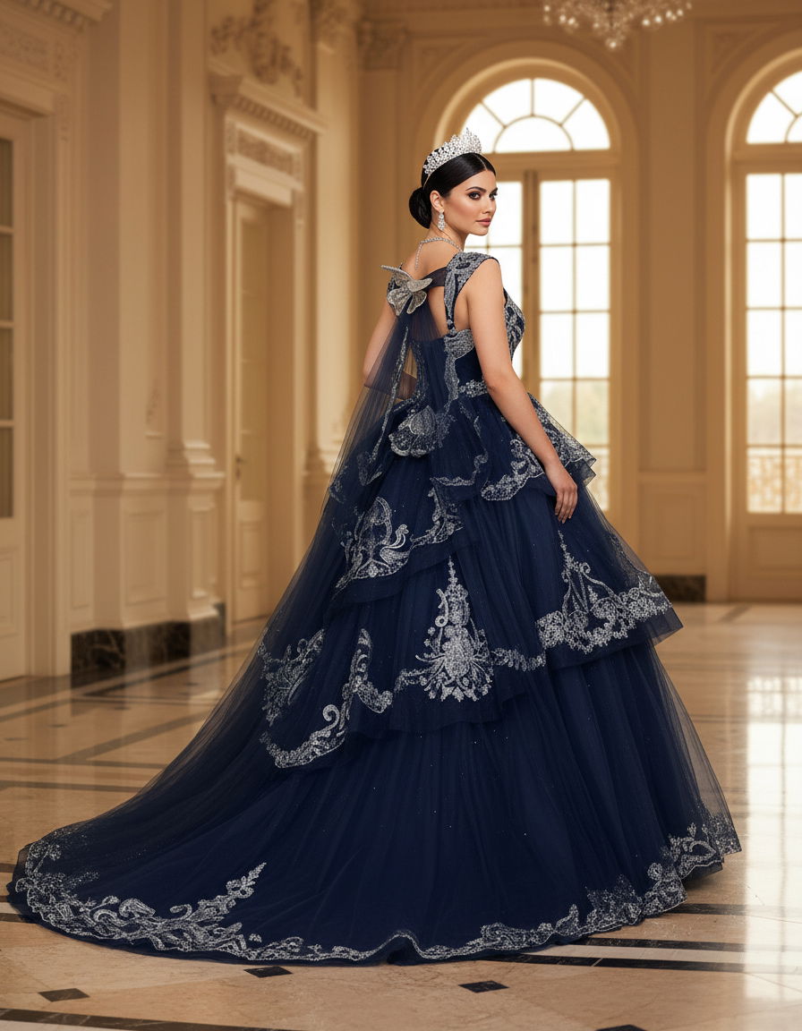 Quinceniera Dresses Metallic Ball Gown Long Beaded Quinceanera Dress Jovani Q48438 Dark Blue/Silver