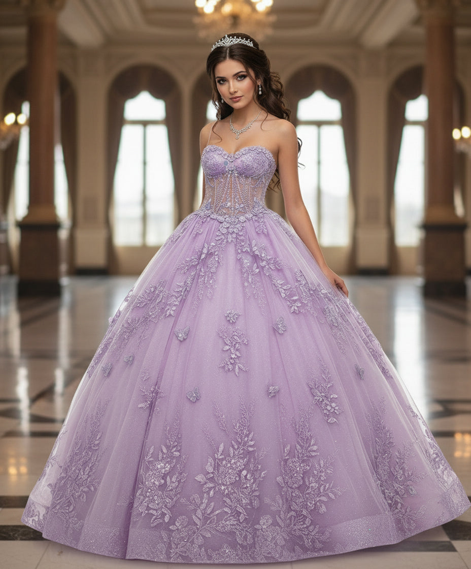 Quinceniera Dresses Ball Gown Lace Applique Floral Long Quinceanera Dress Jovani Q43812 Lavender