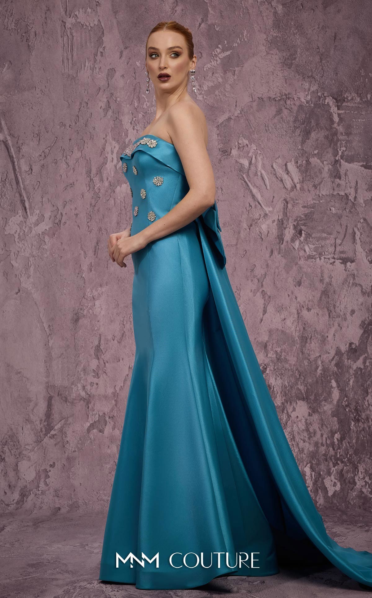 Strapless Mermaid Satin Formal Gown by MNM Couture Q5574 in Turquoise