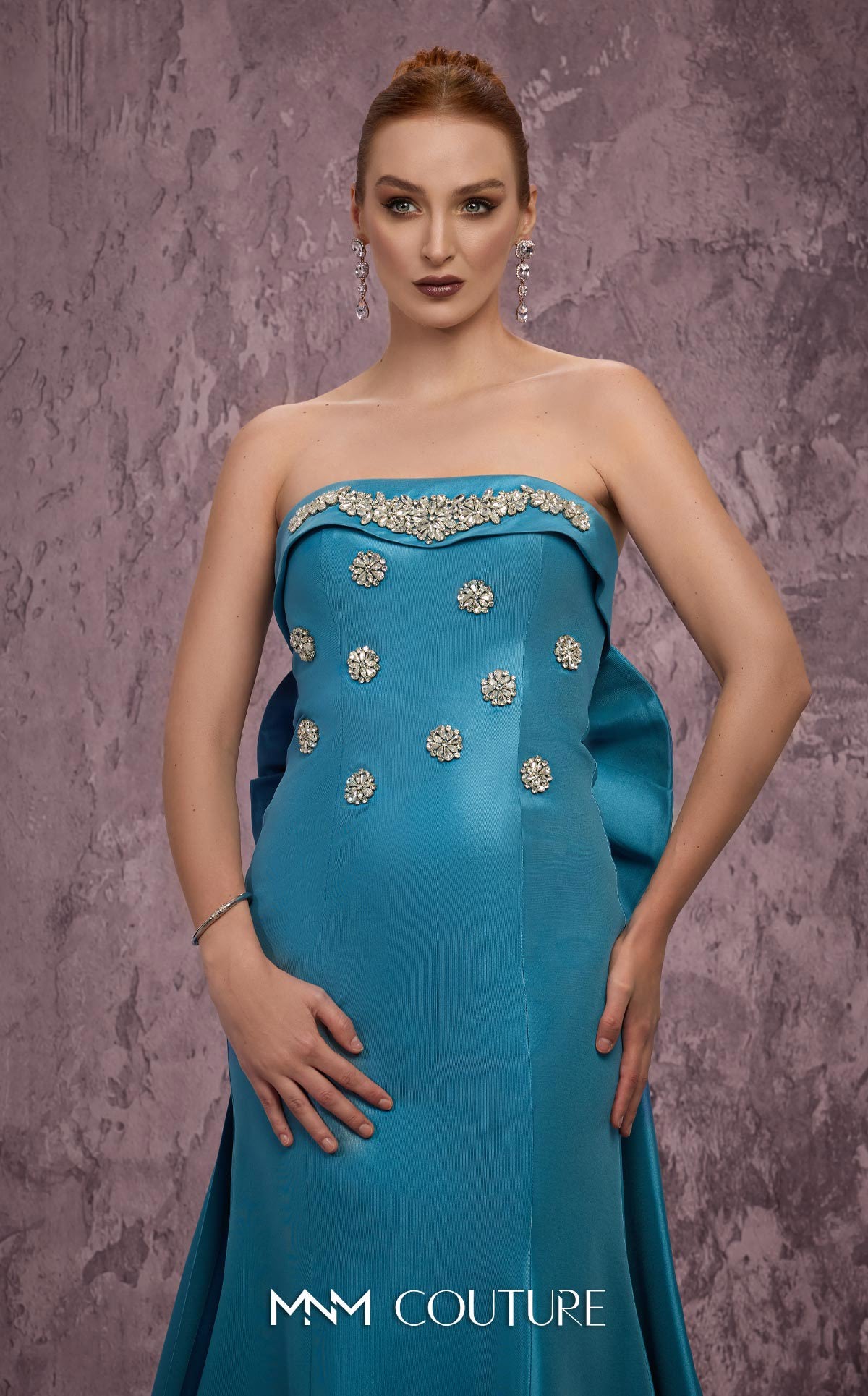 Strapless Mermaid Satin Formal Gown by MNM Couture Q5574 in Turquoise