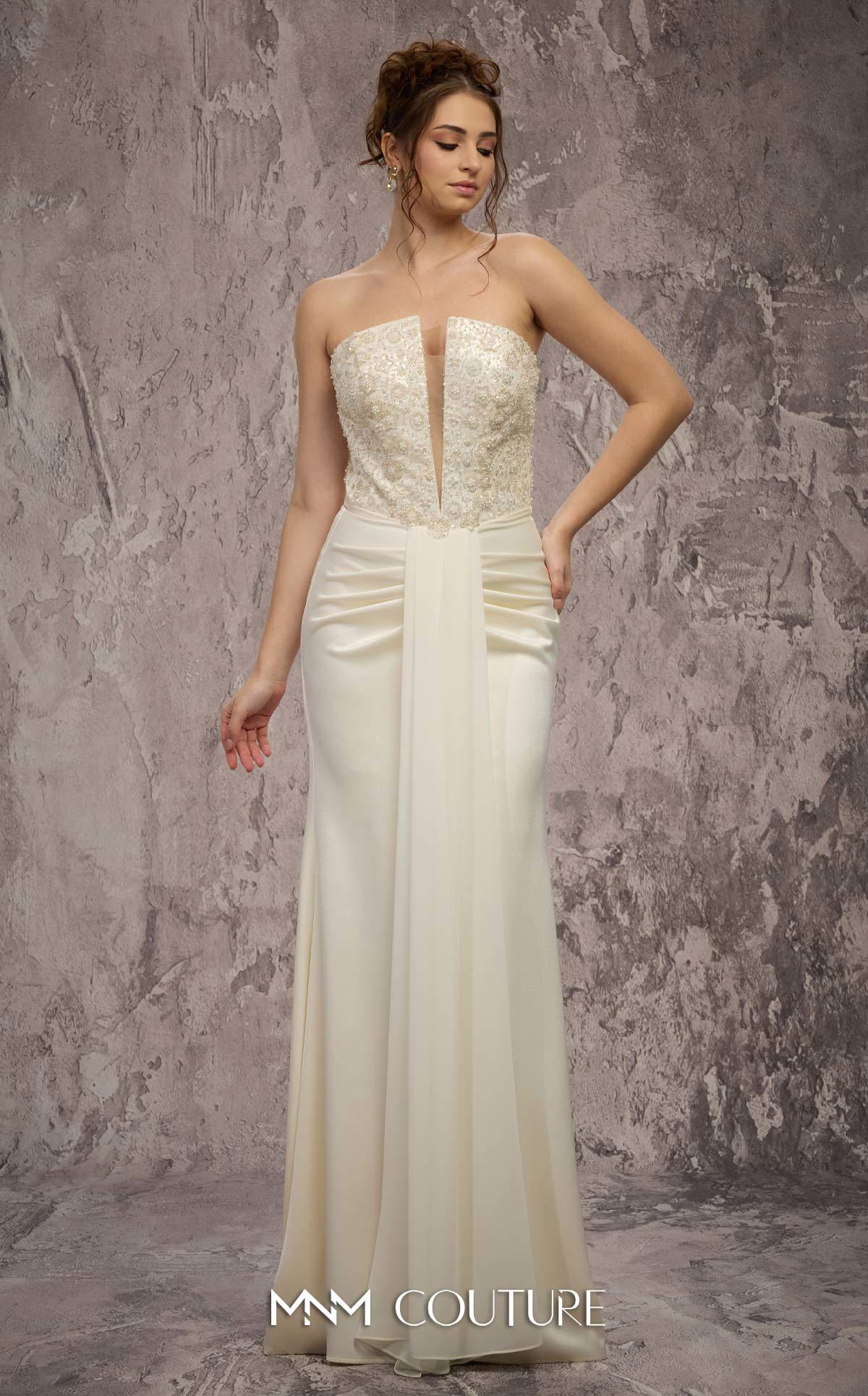 Strapless Long Satin Formal Gown by MNM Couture Q7545 in Off White