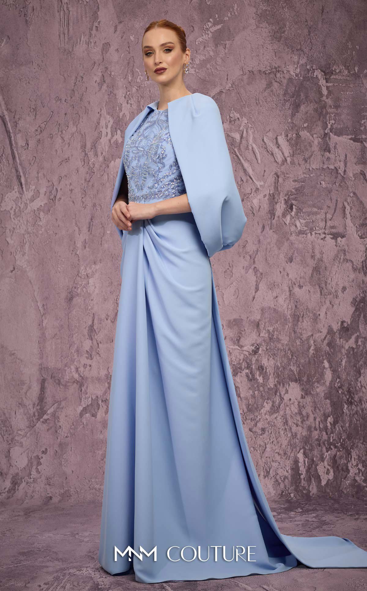 Embellished Caped Long Satin Formal Gown by MNM Couture Q7615 in Blue