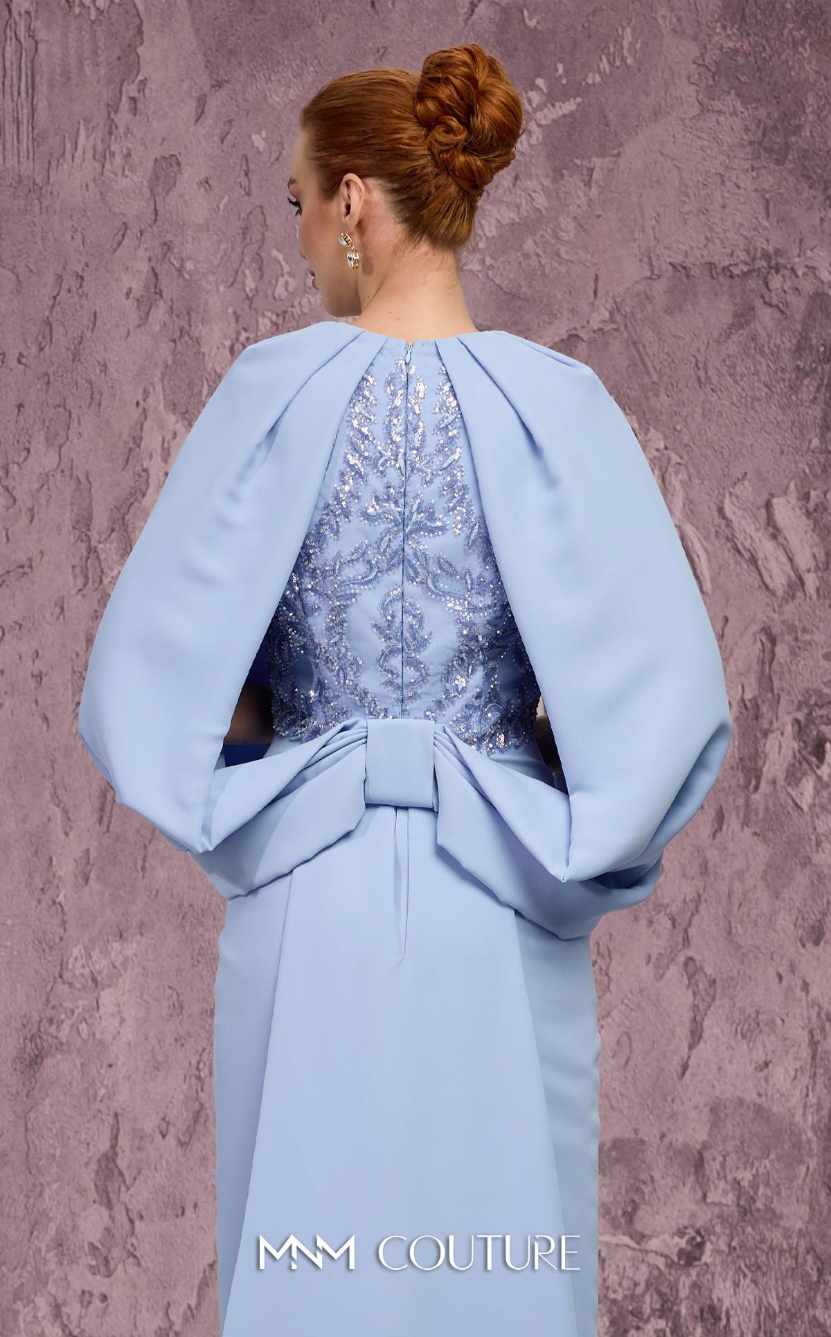 Embellished Caped Long Satin Formal Gown by MNM Couture Q7615 in Blue
