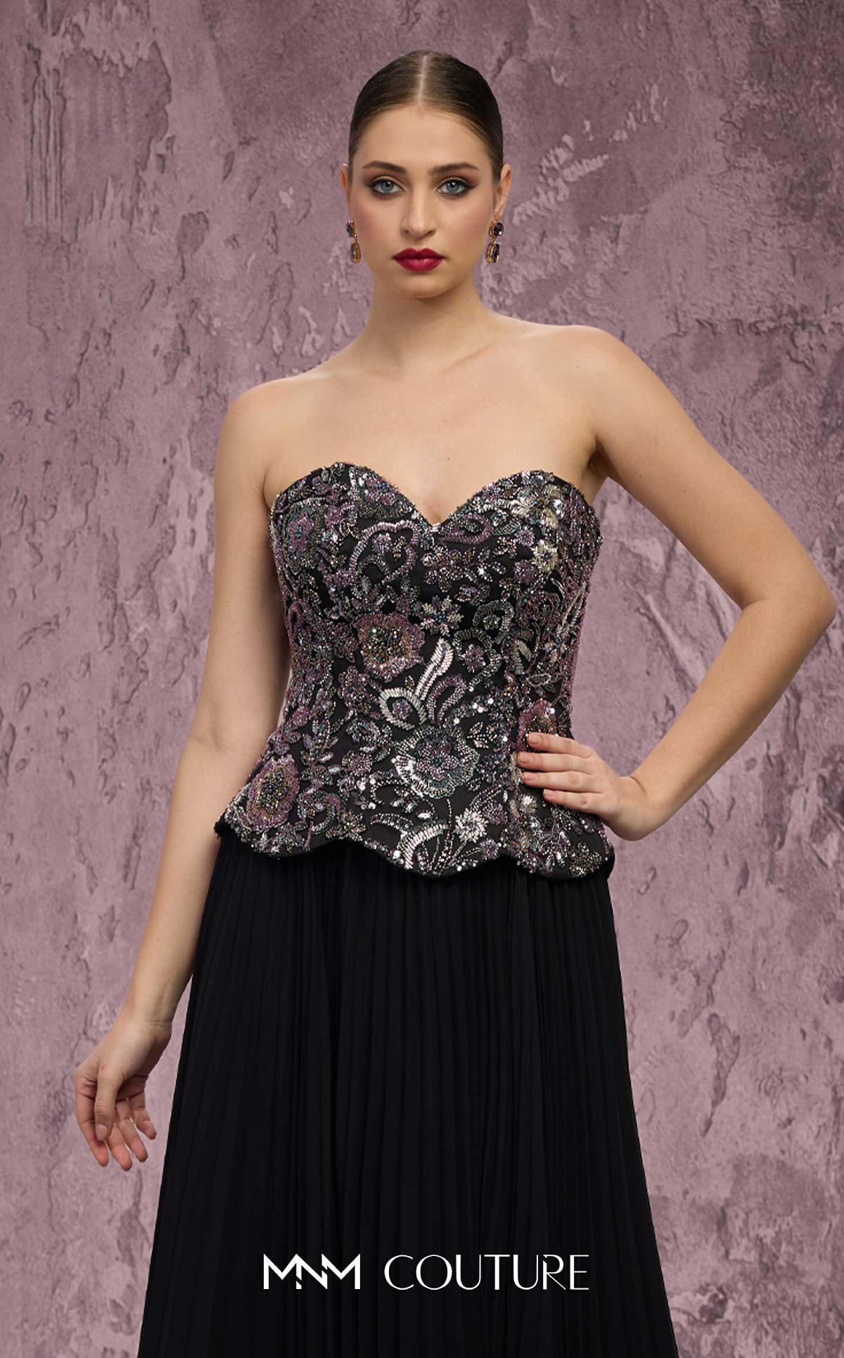 Strapless Floor-Length Embellished Evening Gown by MNM Couture Q7778 in Black
