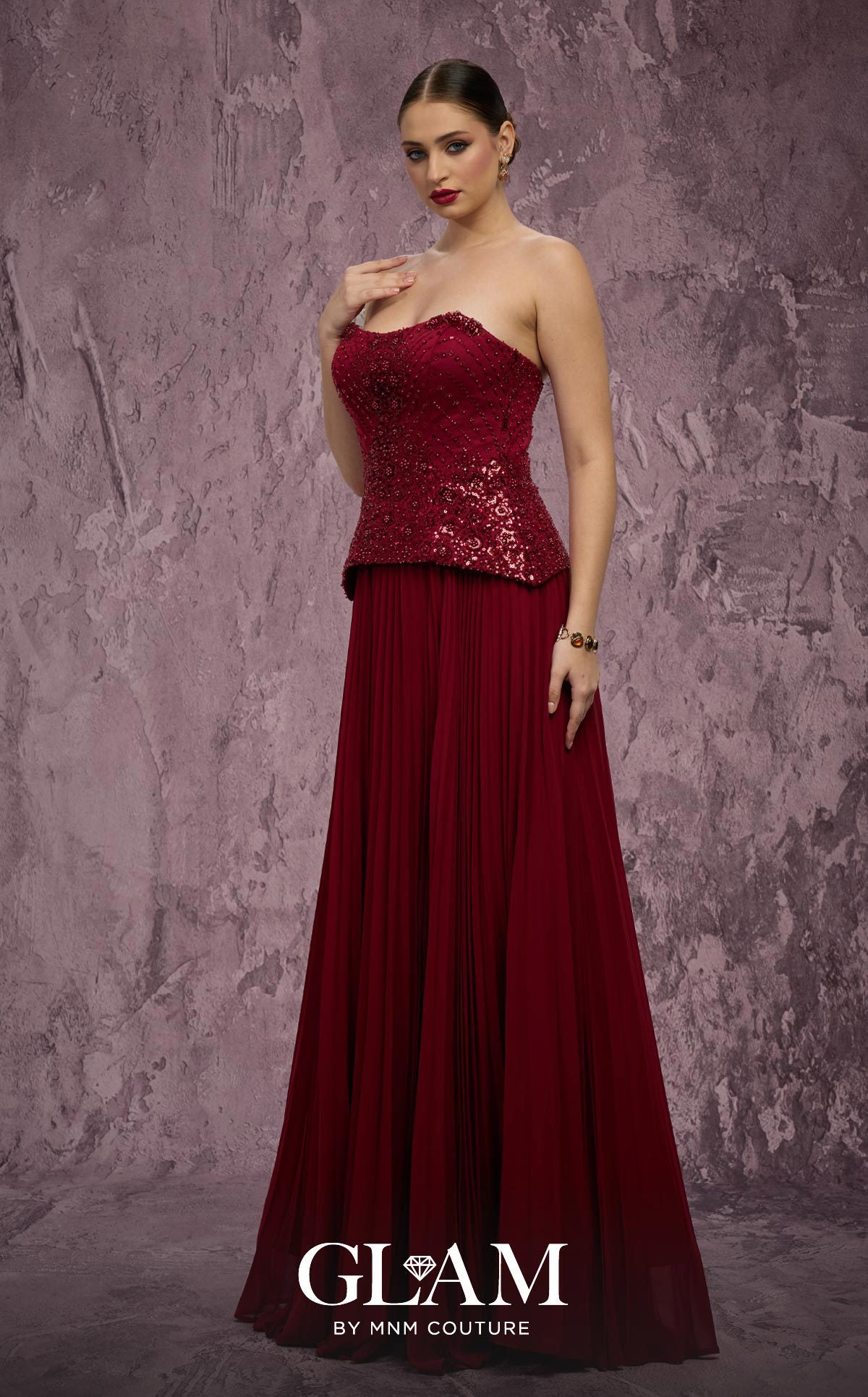 Strapless Long Sequin Prom Dress by MNM Couture Q7788 in Burgundy
