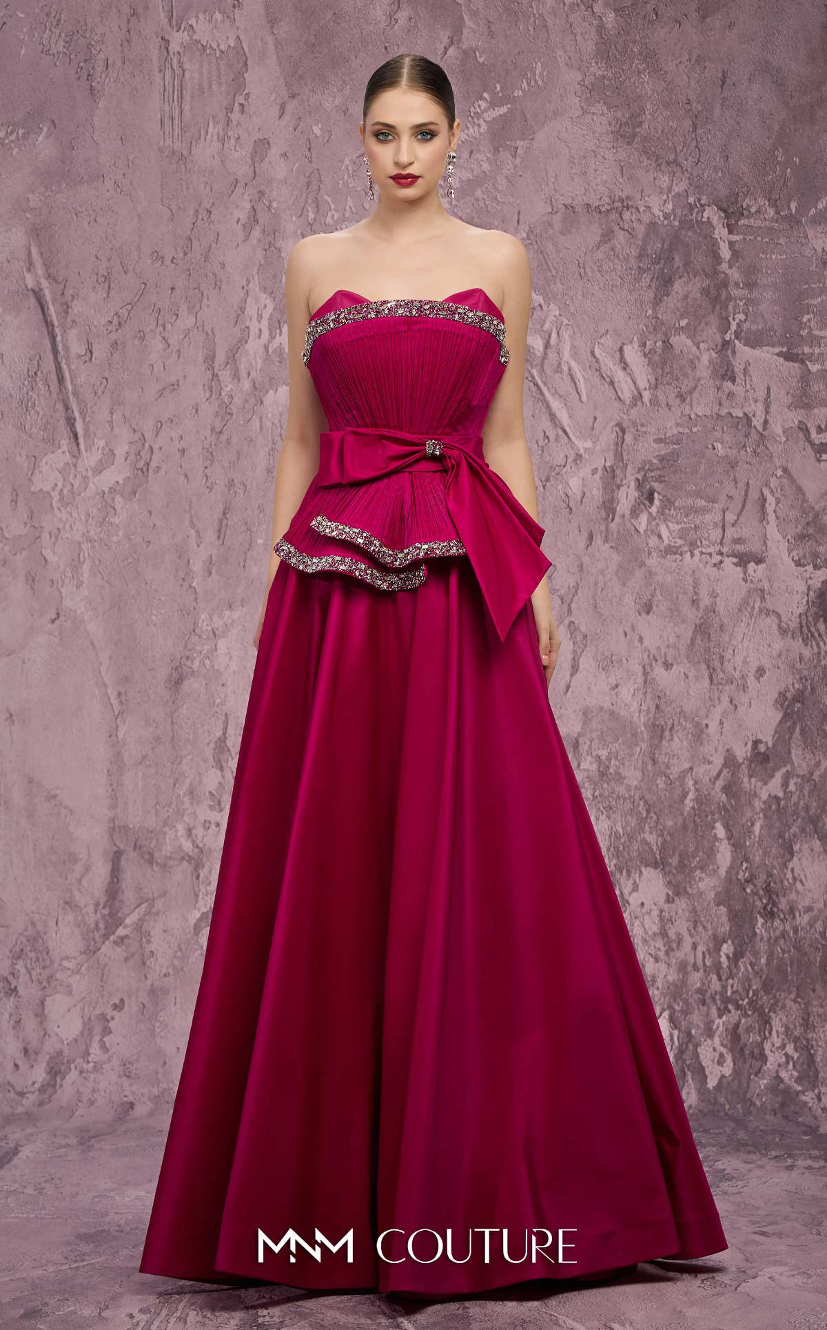 Strapless Long Satin Evening Gown by MNM Couture Q8017 in Fuchsia