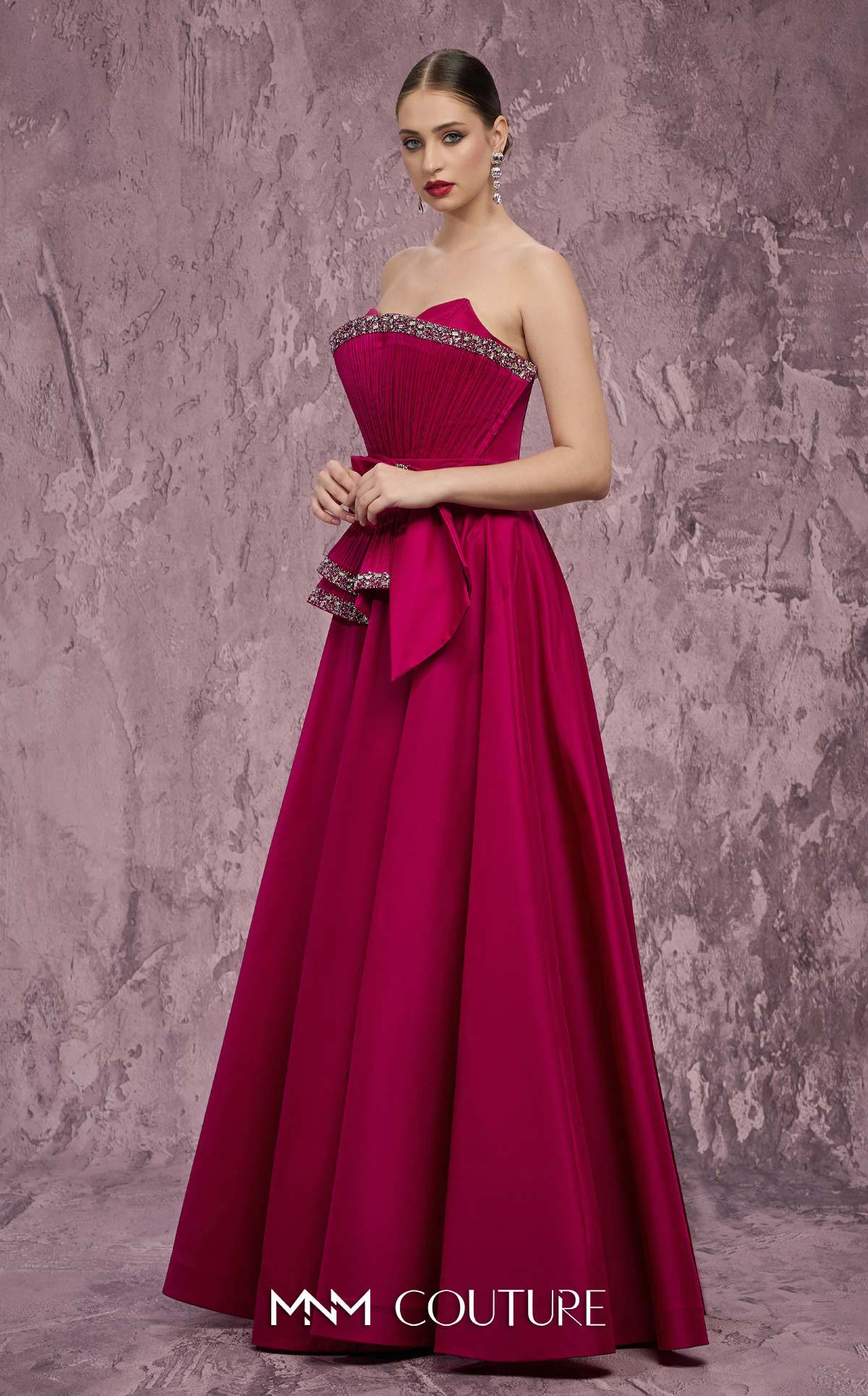 Strapless Long Satin Evening Gown by MNM Couture Q8017 in Fuchsia