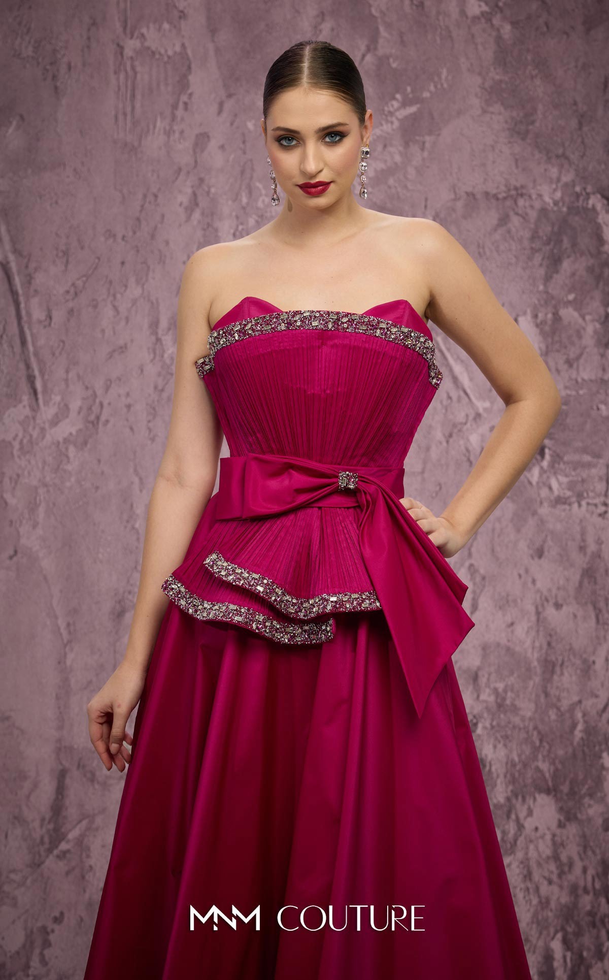 Strapless Long Satin Evening Gown by MNM Couture Q8017 in Fuchsia